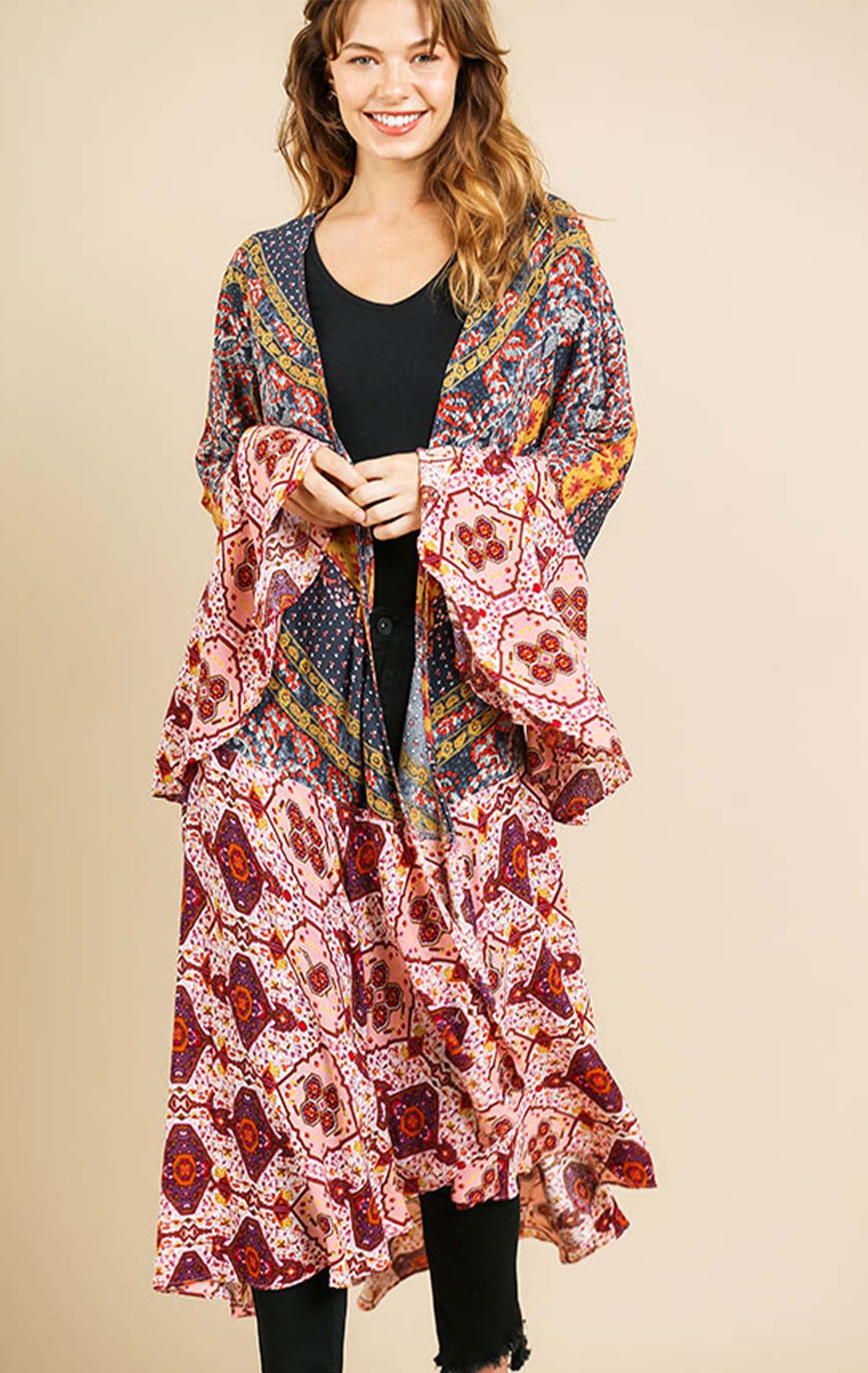 Ruffled Long Body Kimono with a Multicolored Print