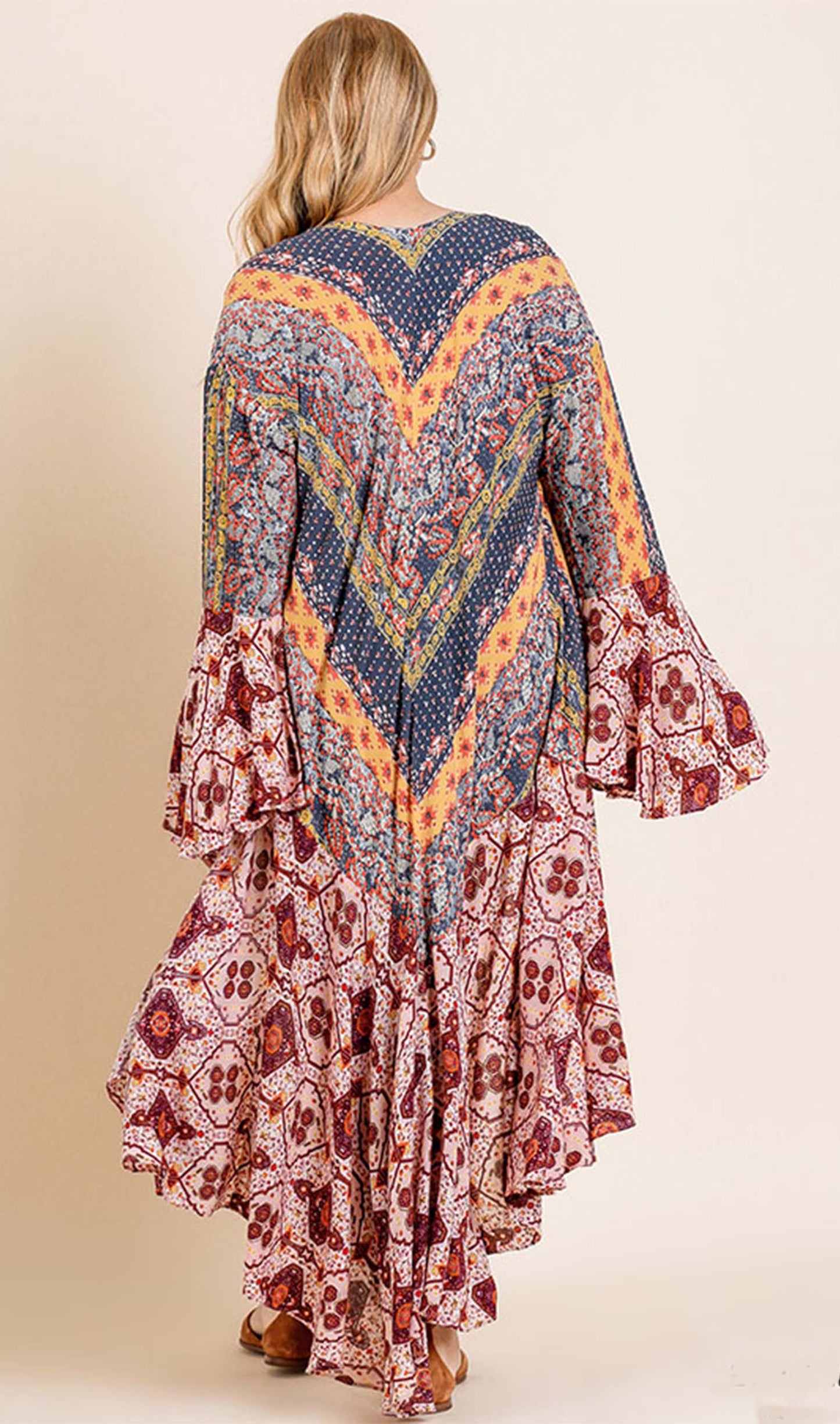 Ruffled Long Body Kimono with a Multicolored Print