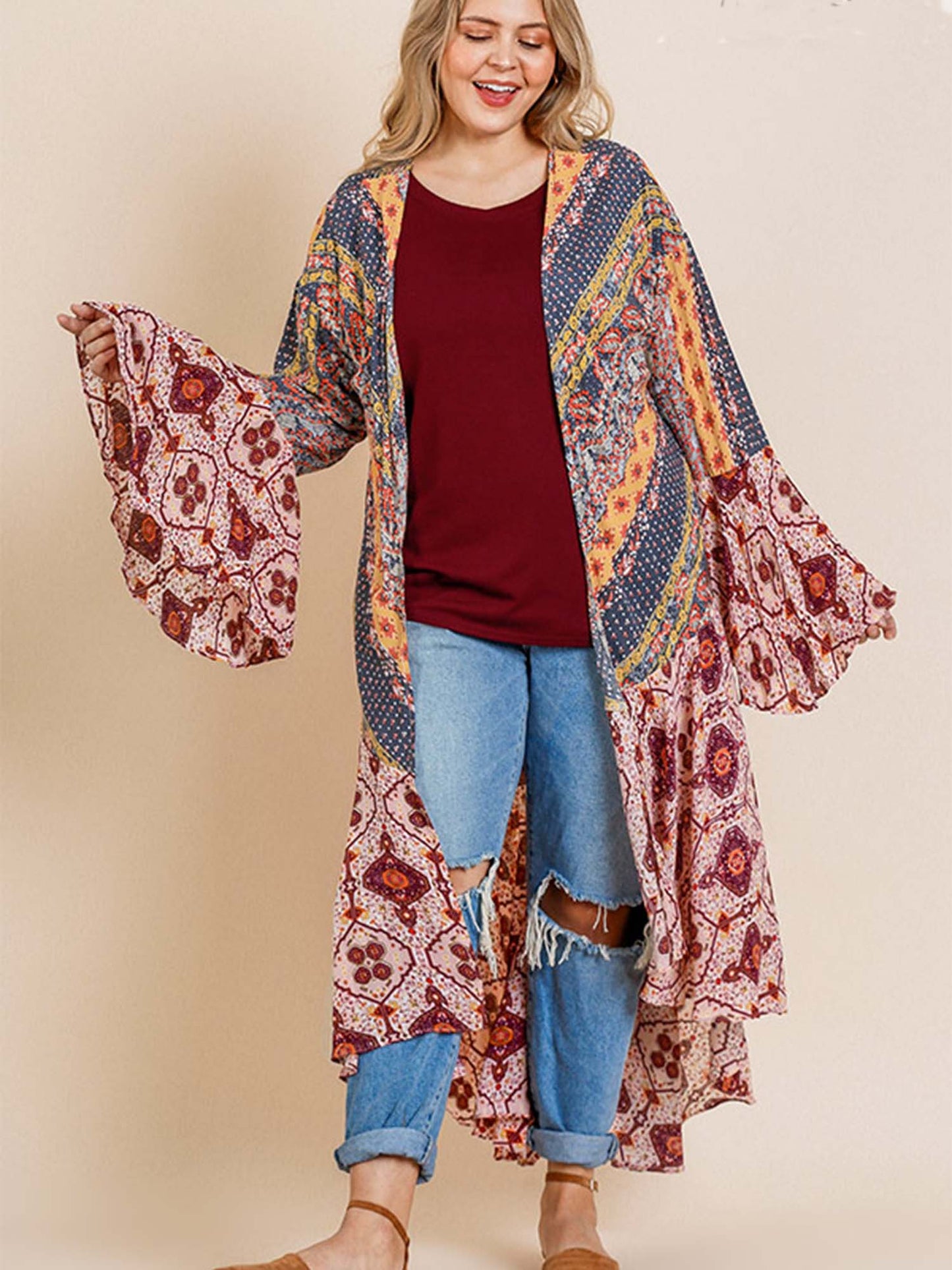 Ruffled Long Body Kimono with a Multicolored Print
