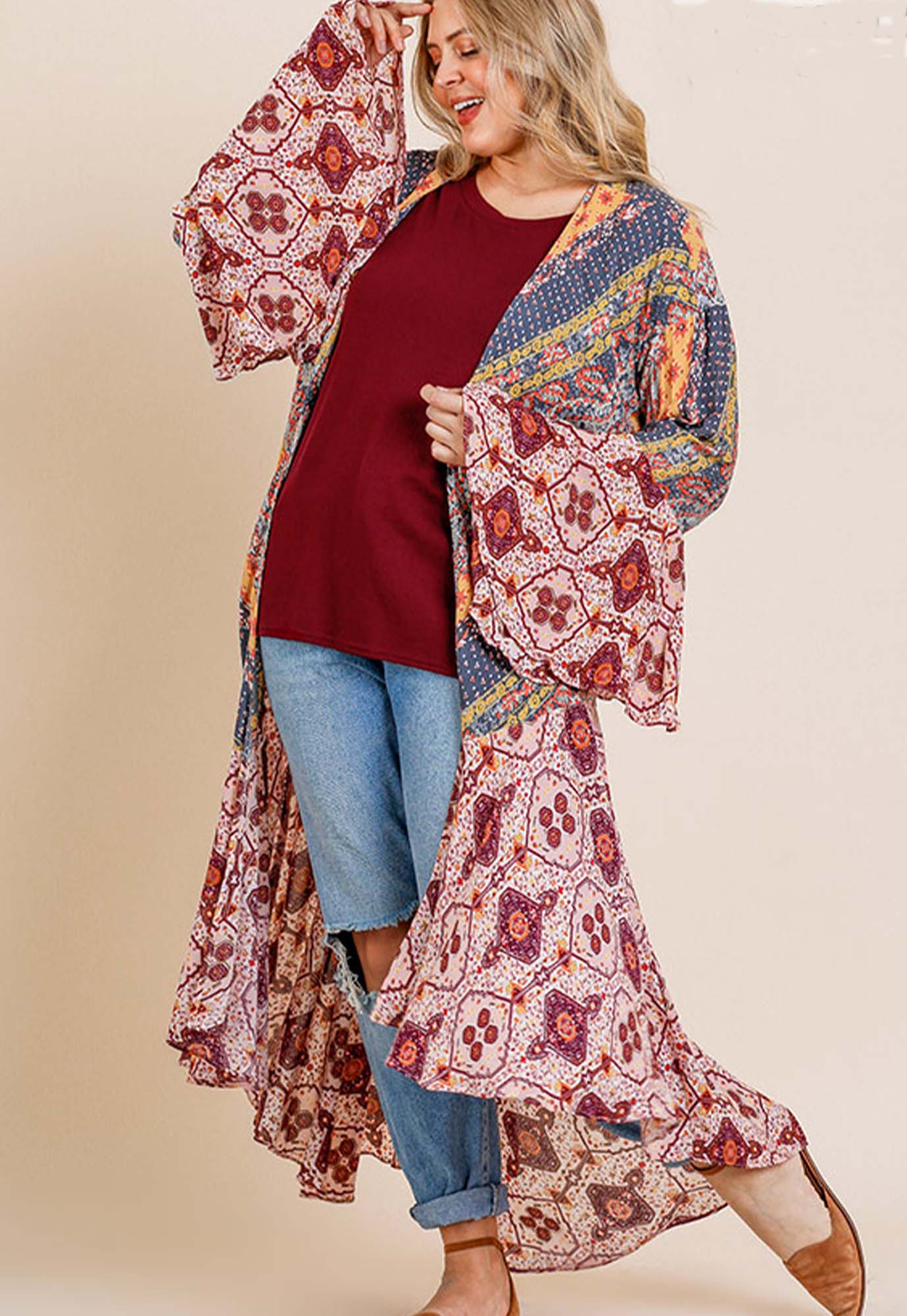 Ruffled Long Body Kimono with a Multicolored Print