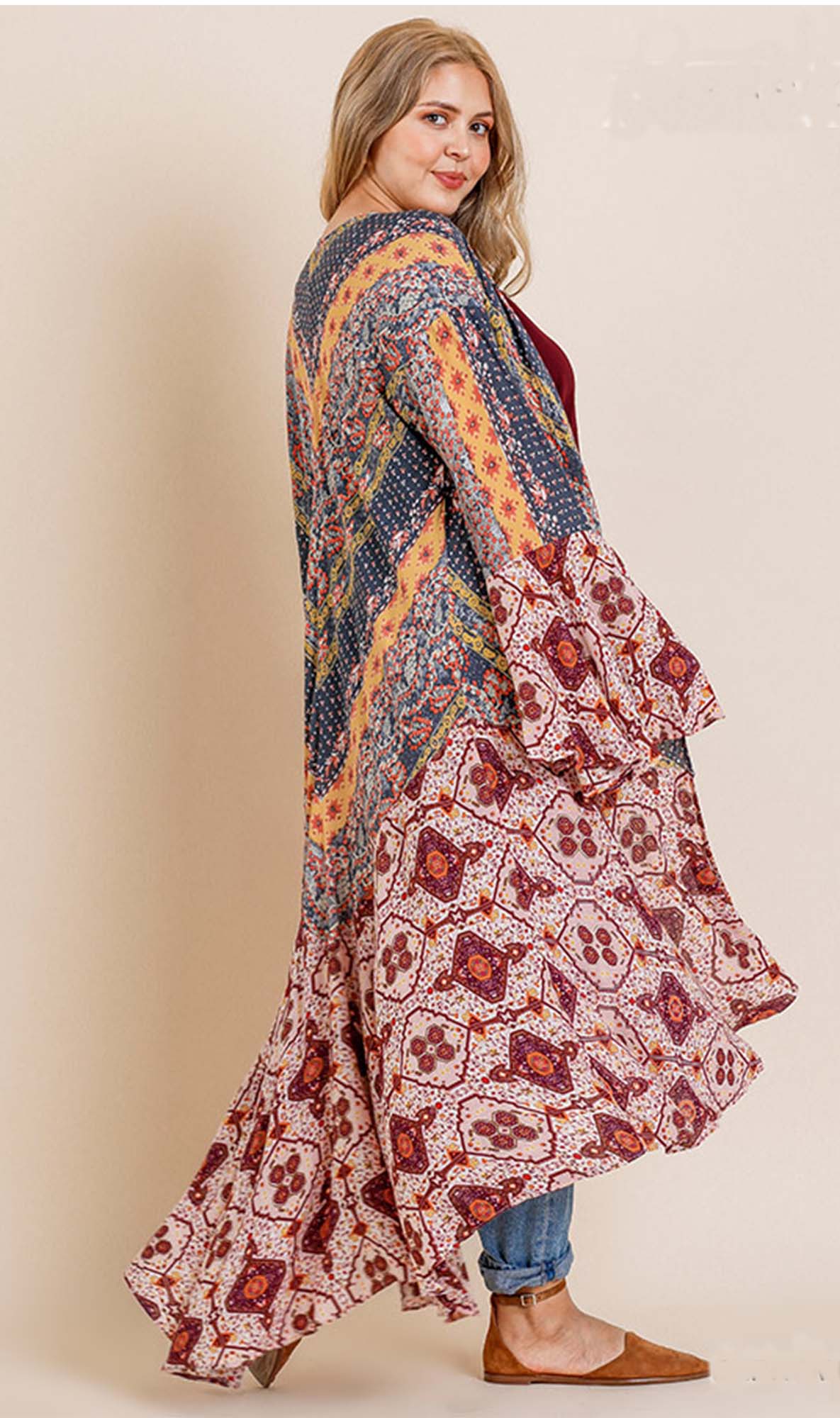 Ruffled Long Body Kimono with a Multicolored Print
