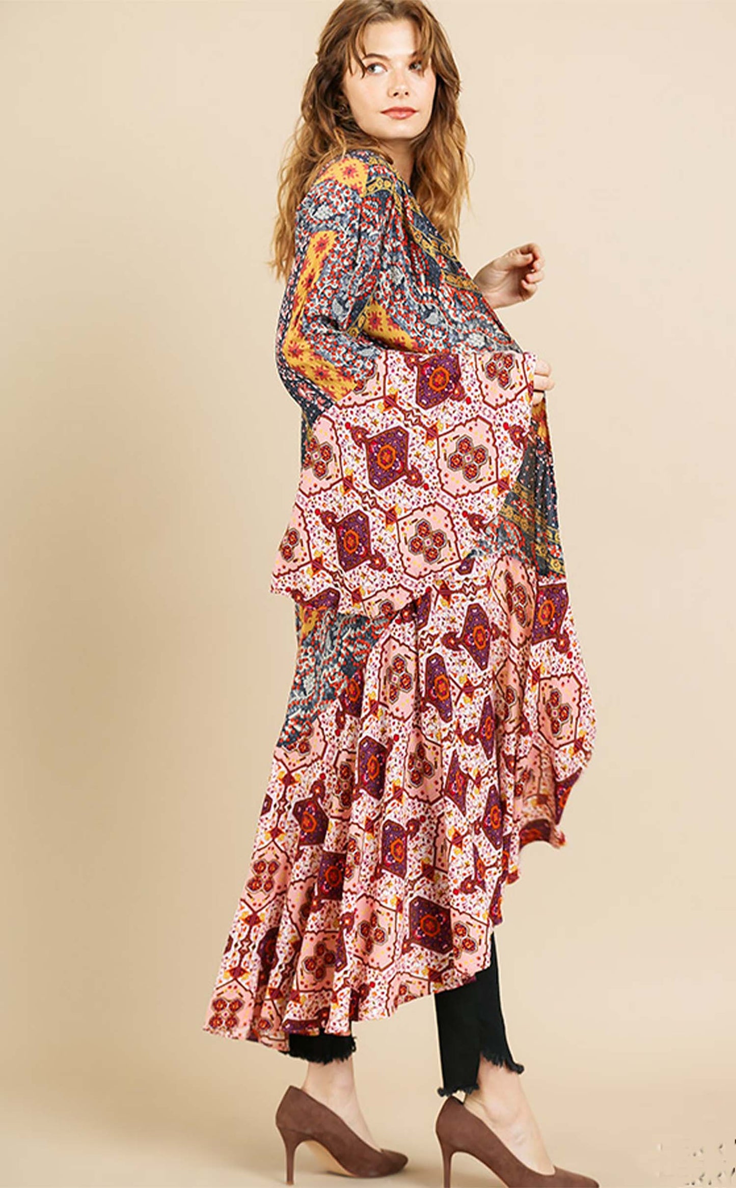 Ruffled Long Body Kimono with a Multicolored Print