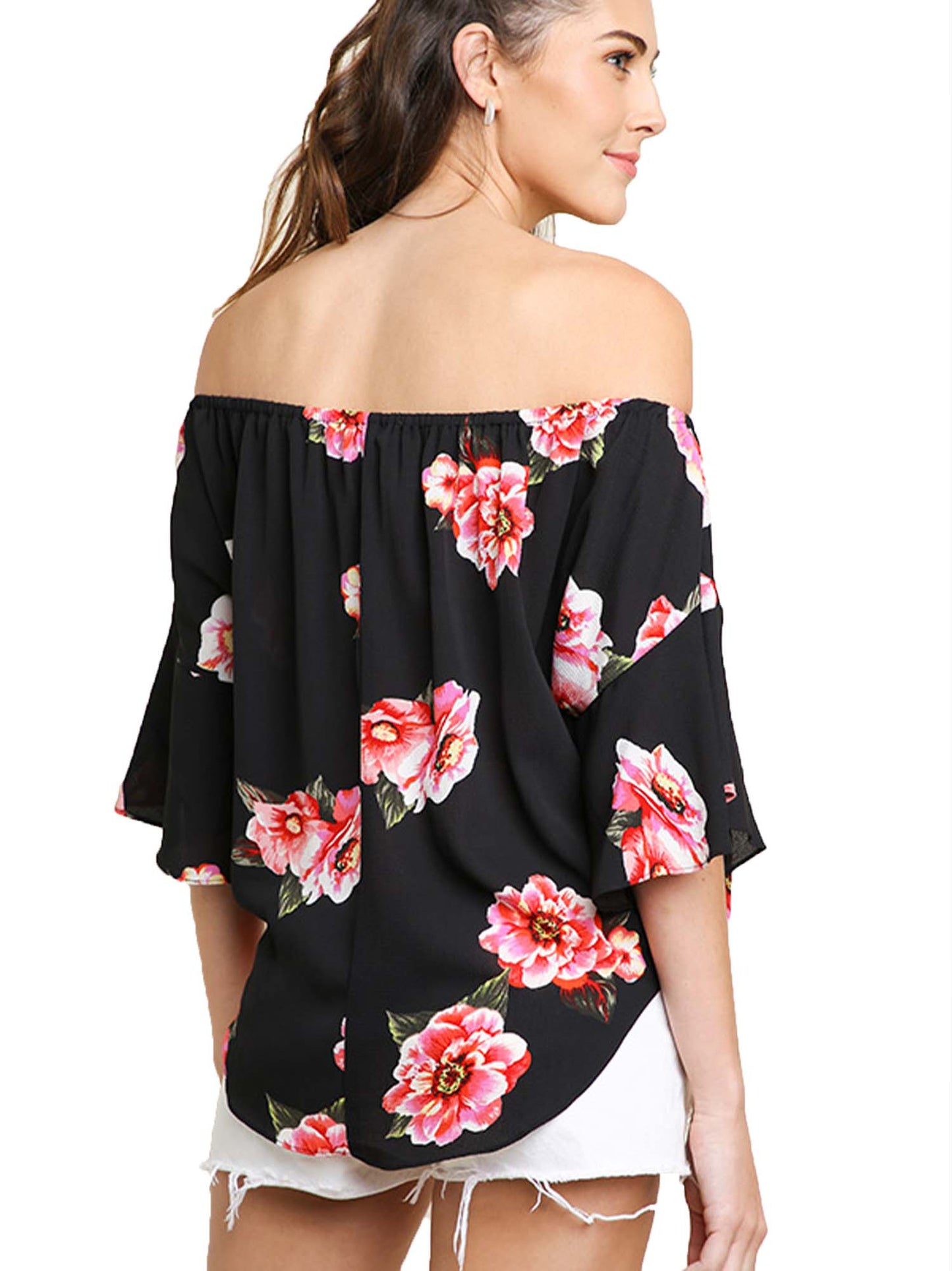 Large Floral Print Off Shoulder Tie Front Top