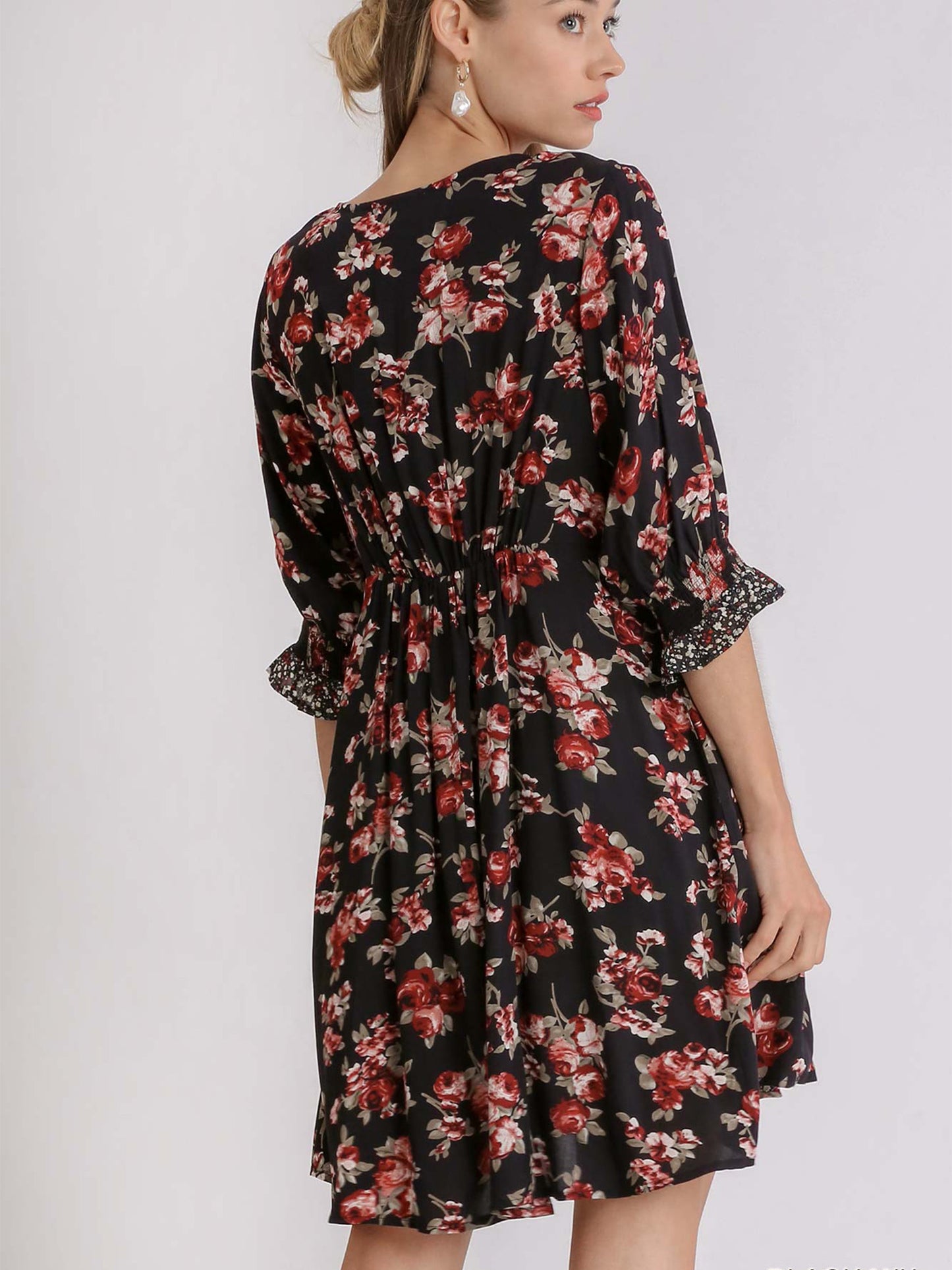 Mixed Floral Color Block Babydoll Dress with Pockets