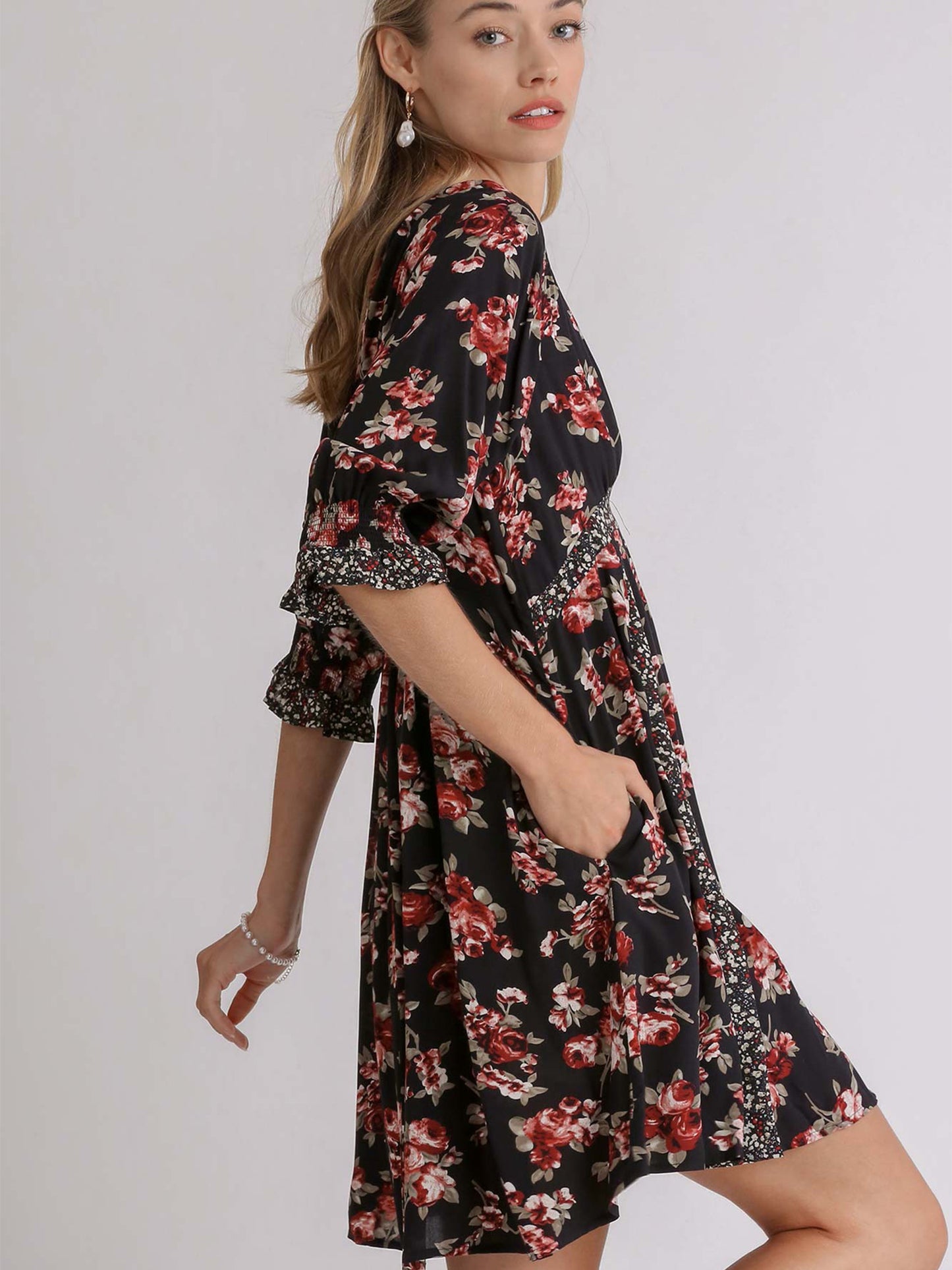 Mixed Floral Color Block Babydoll Dress with Pockets