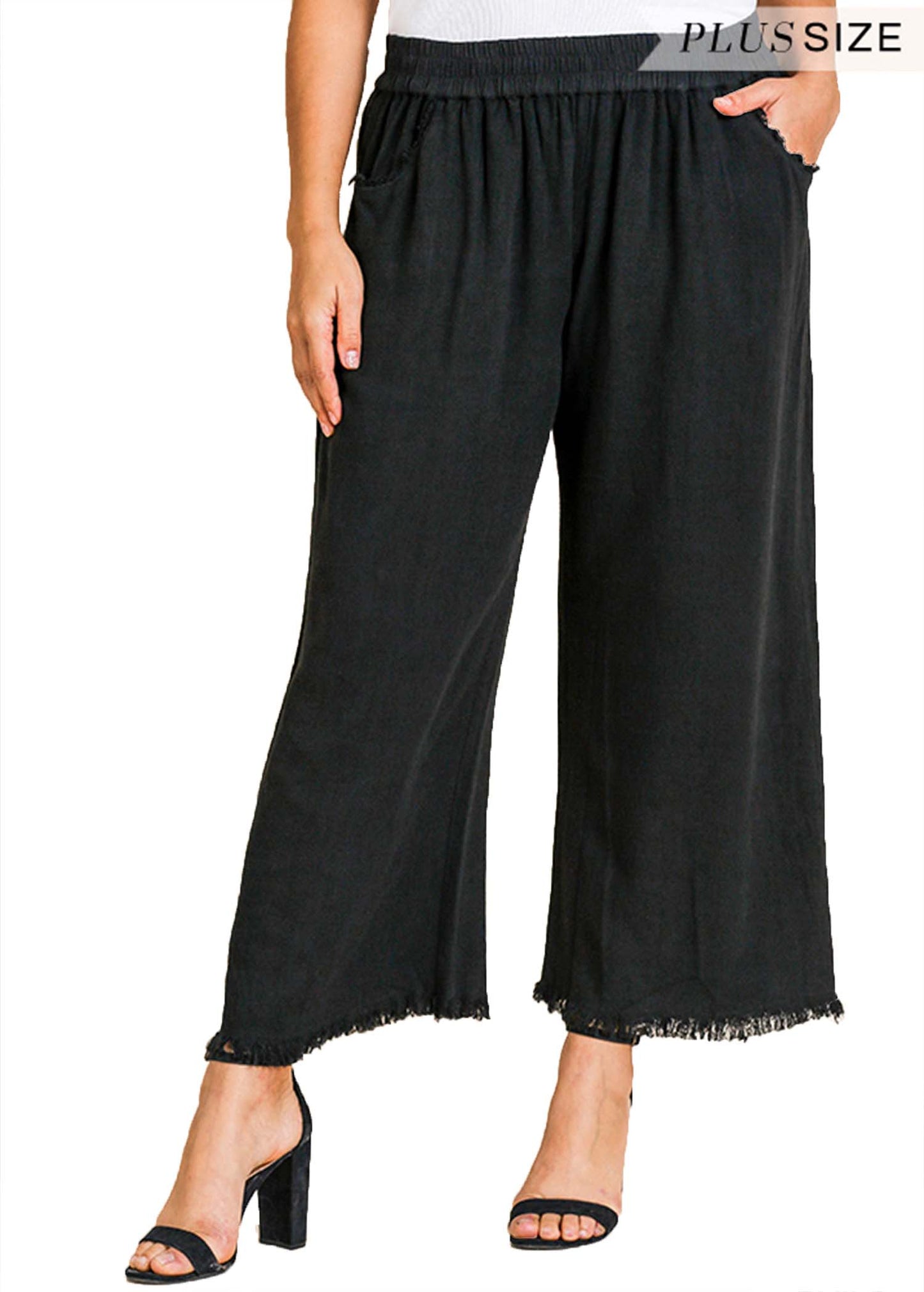 Wide Leg Pant with Elastic Waist, Pockets, and Frayed Hem
