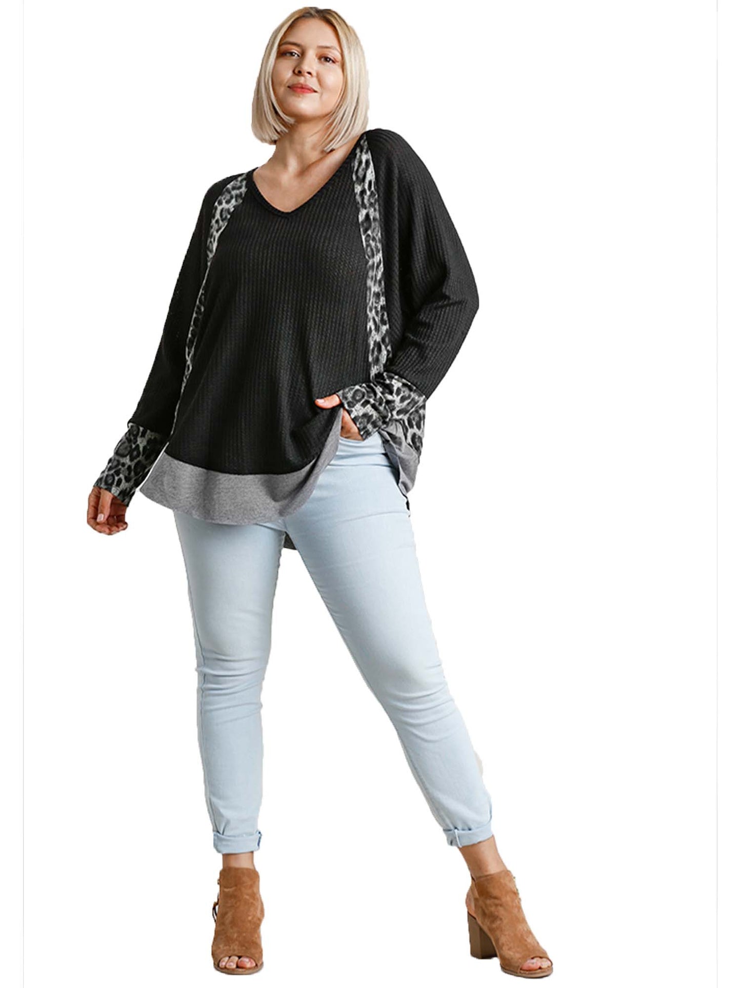Leopard Print Color Block Waffle Knit top