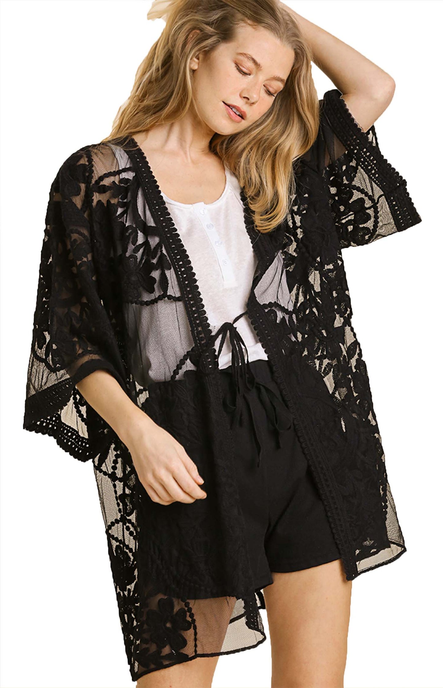 Lace Crochet Mesh Open Front Kimono with Waist Tie