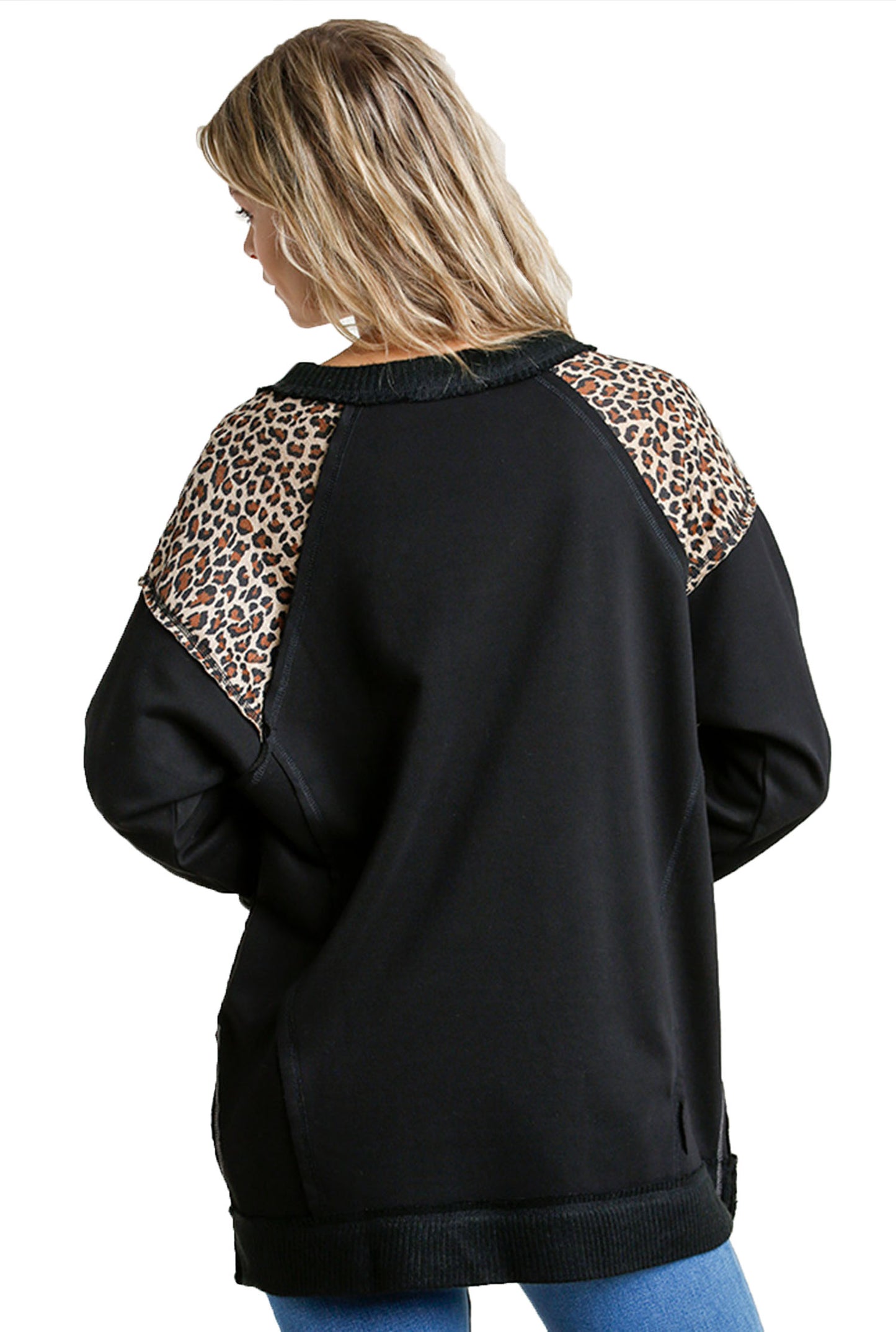 French Terry Animal Print Raw Edged Tunic with Side Zipper