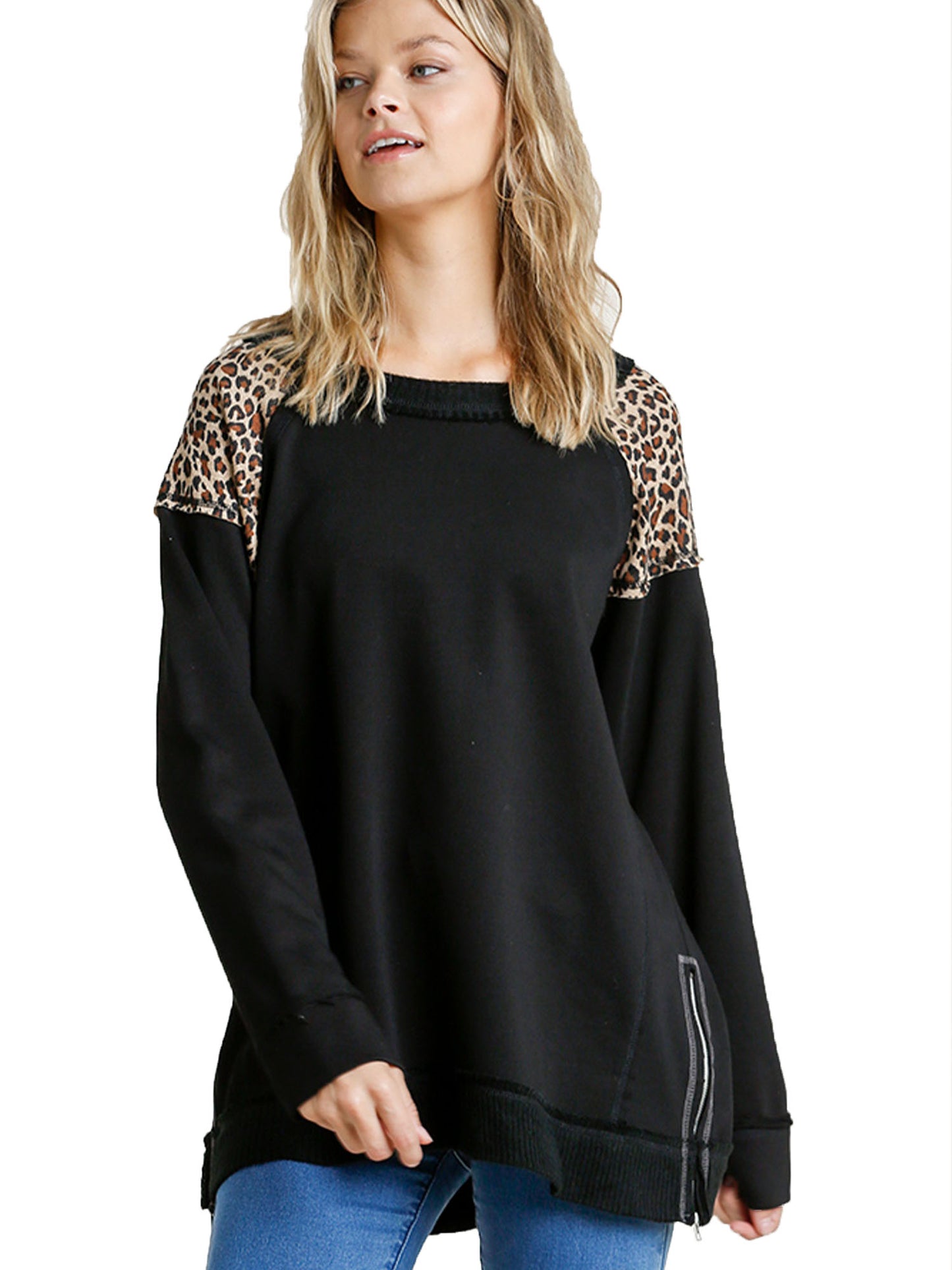 French Terry Animal Print Raw Edged Tunic with Side Zipper