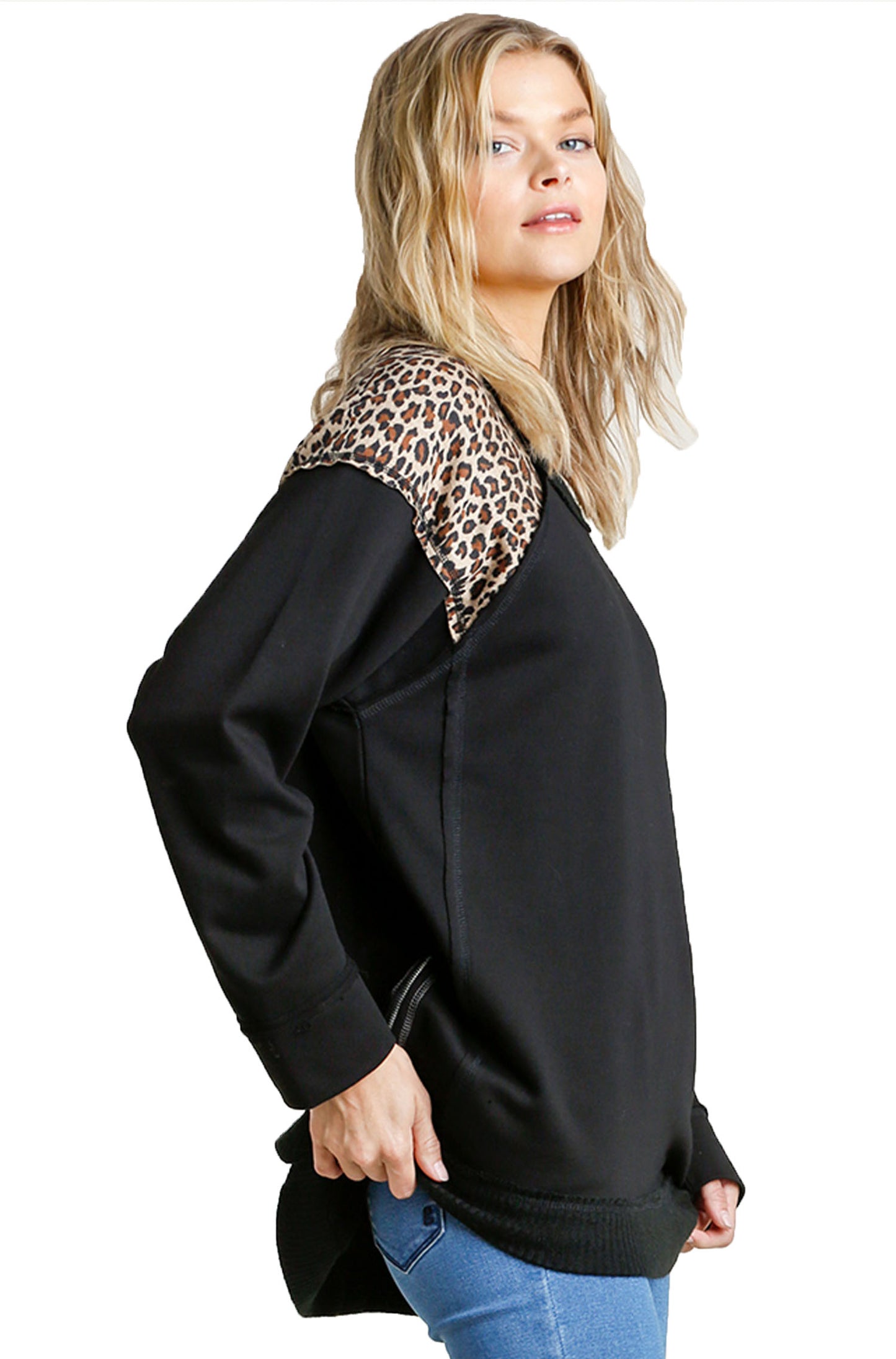 French Terry Animal Print Raw Edged Tunic with Side Zipper