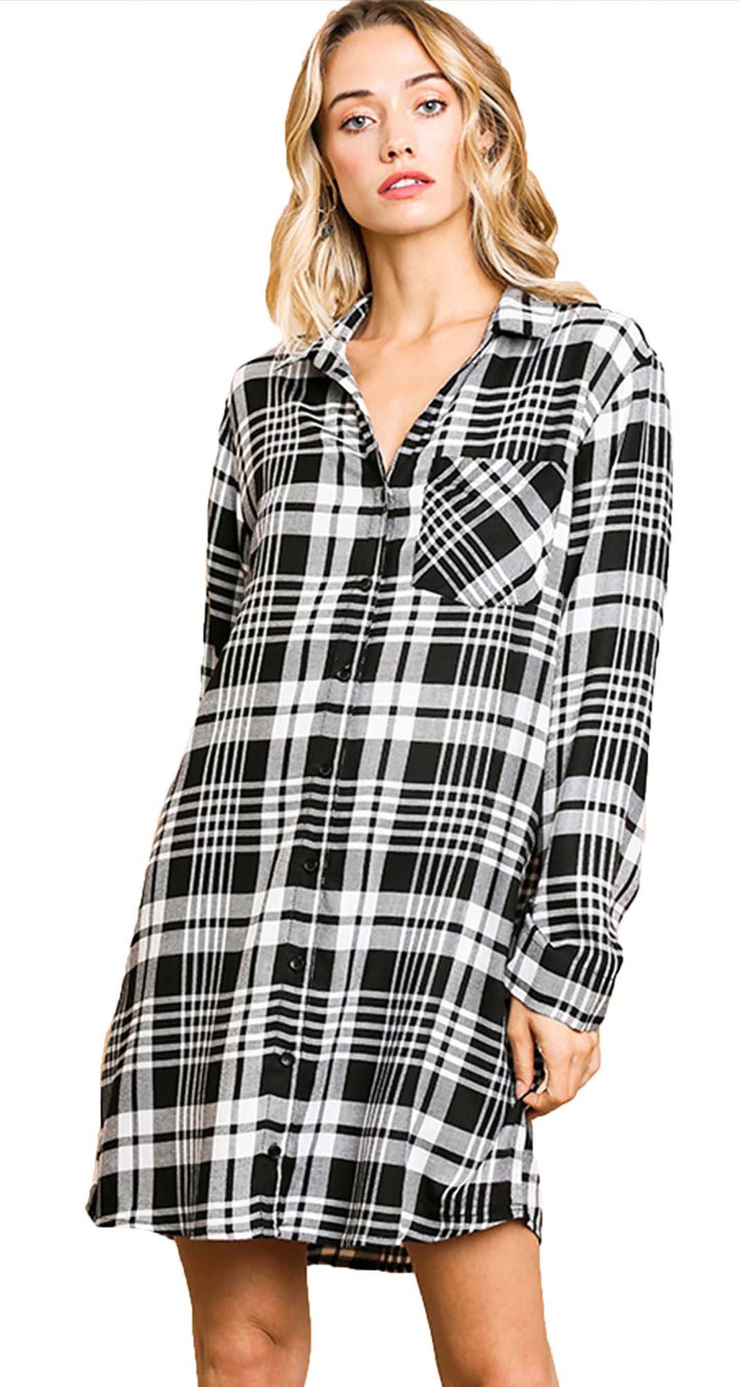 Flannel Plaid Print Long Sleeve Button Front Dress Tunic