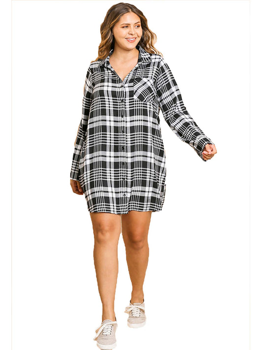 Flannel Plaid Print Long Sleeve Button Front Dress Tunic