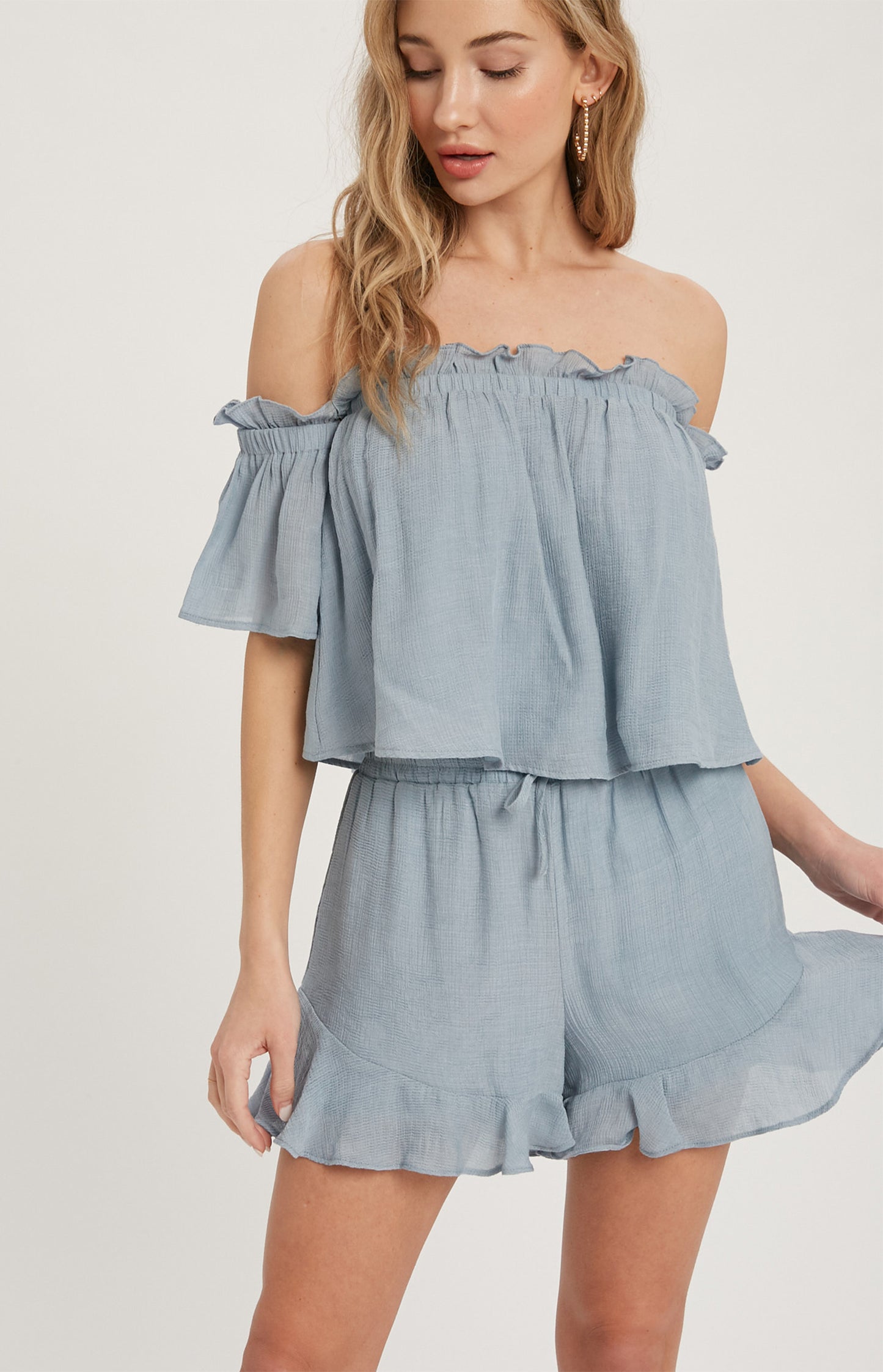 Bohemian Ruffle Woven Shorts and Off Shoulder Top Set