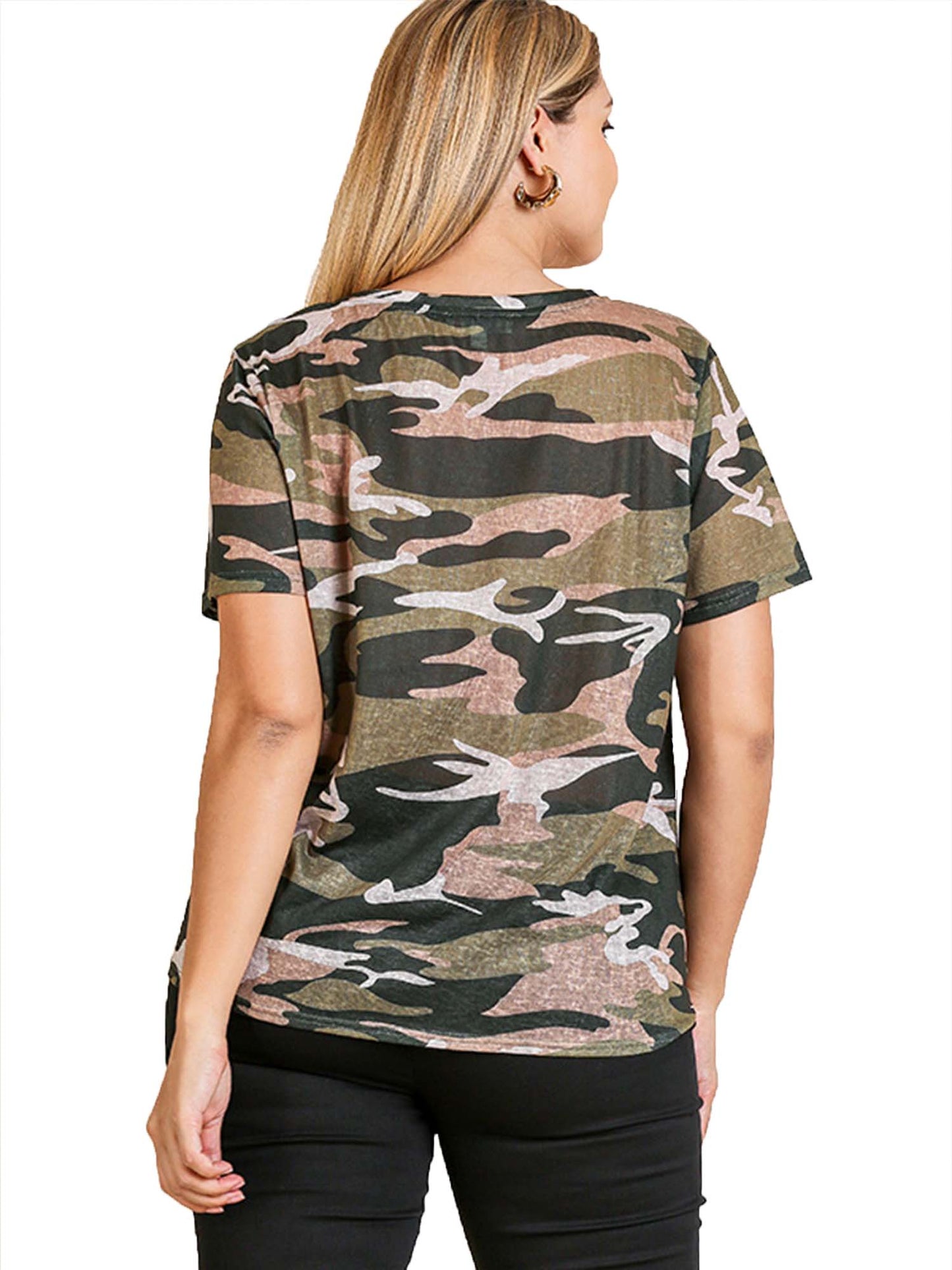 Camo Print Short Sleeve Round Neck Top with Front Knot
