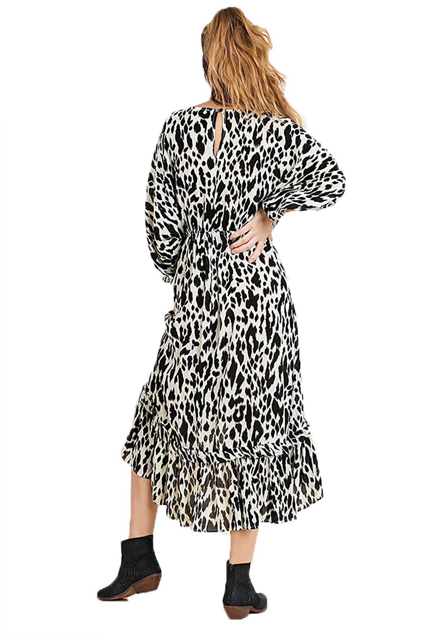 Animal Print Puff Sleeve V-Neck Midi High Low Dress
