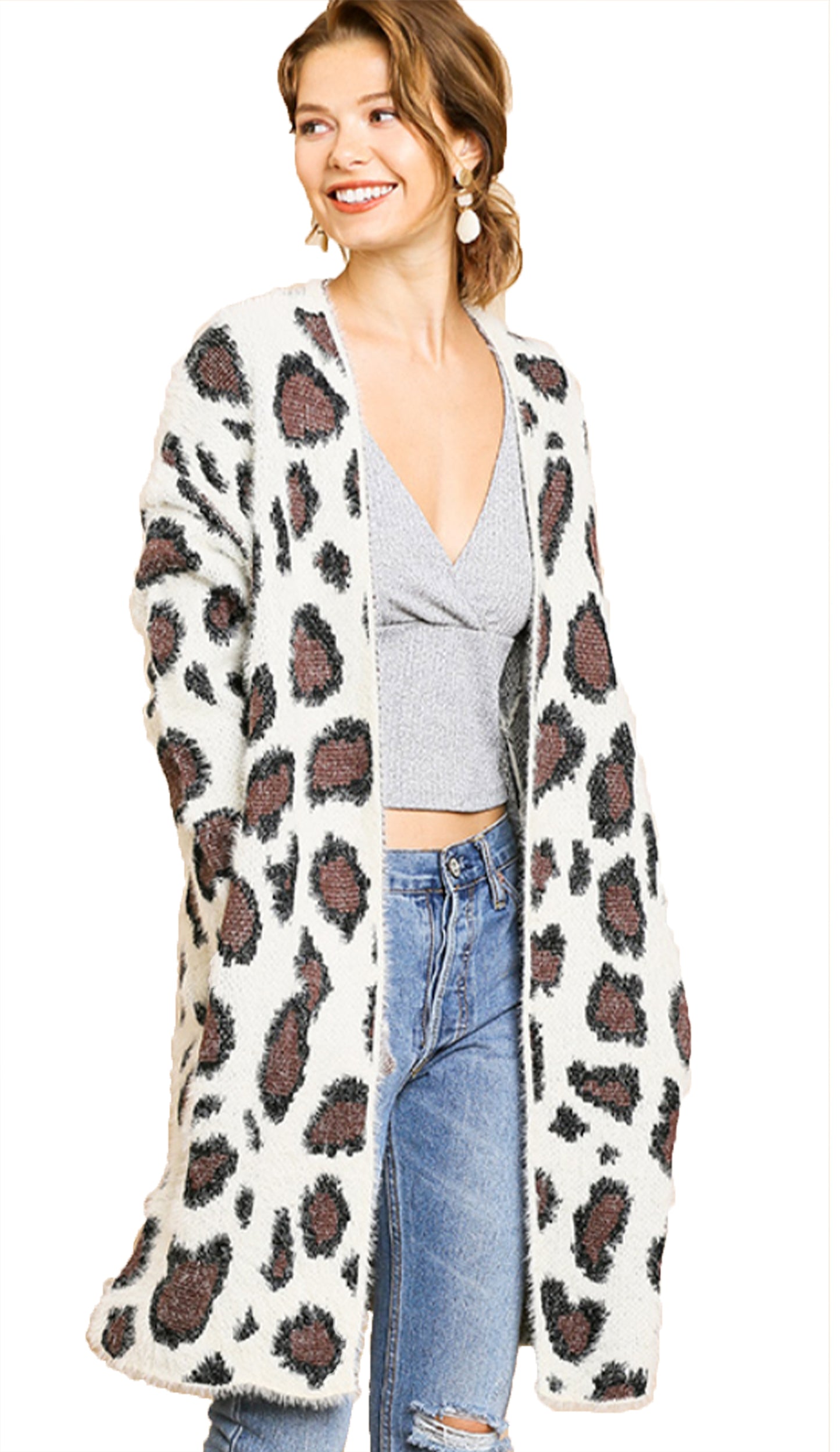 Fuzzy Animal Print Open Front Cardigan Sweater