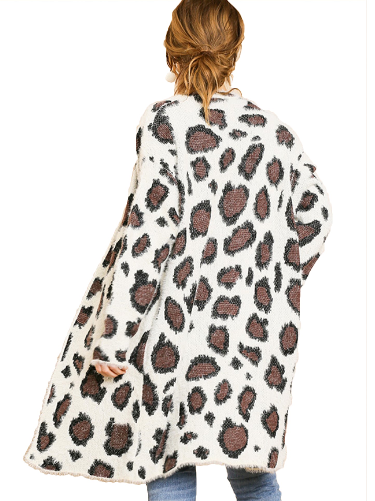 Fuzzy Animal Print Open Front Cardigan Sweater