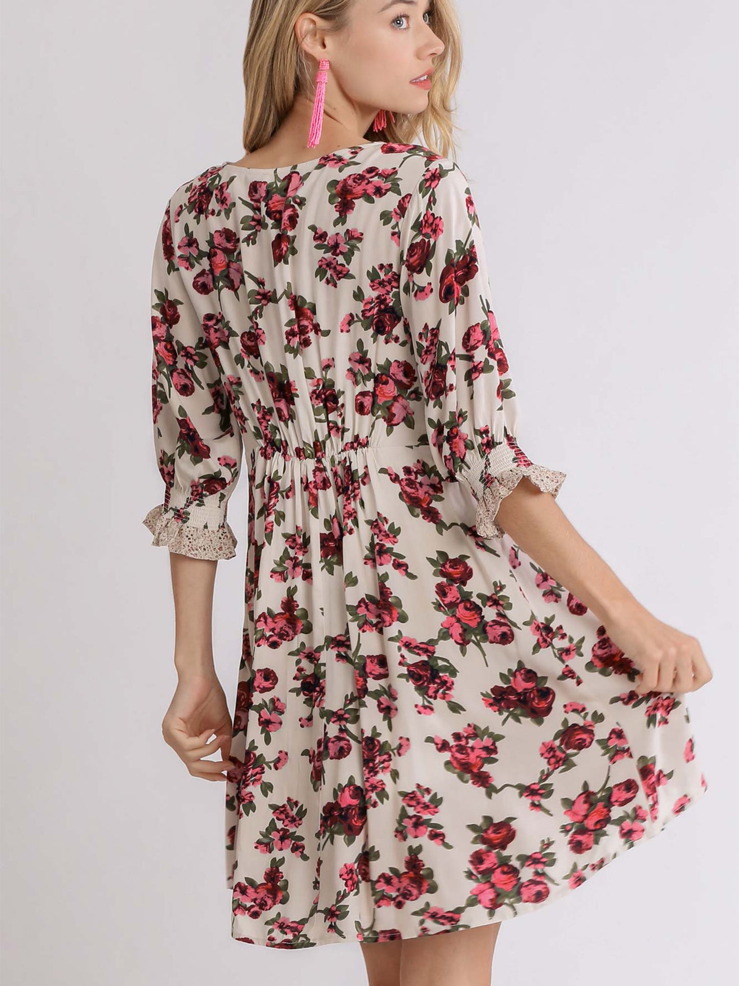 Mixed Floral Color Block Babydoll Dress with Pockets