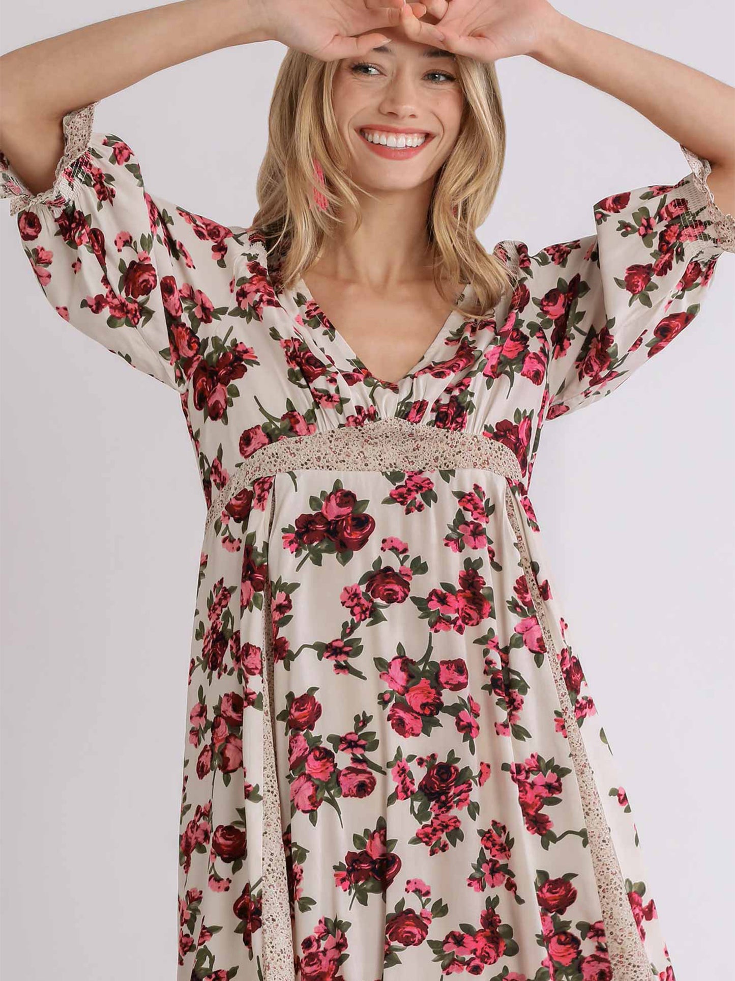 Mixed Floral Color Block Babydoll Dress with Pockets