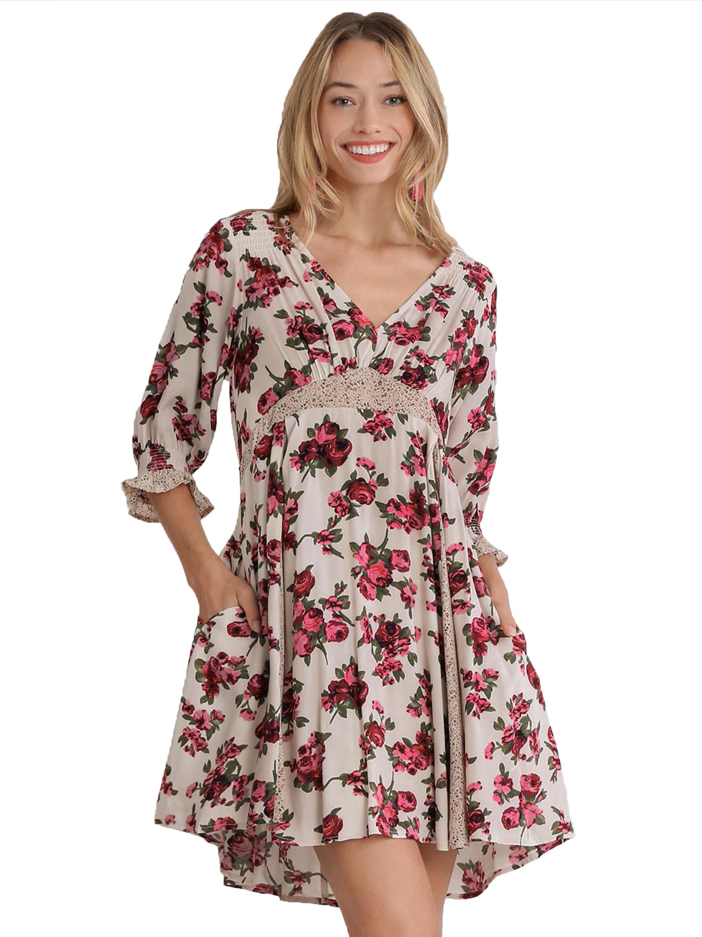 Mixed Floral Color Block Babydoll Dress with Pockets