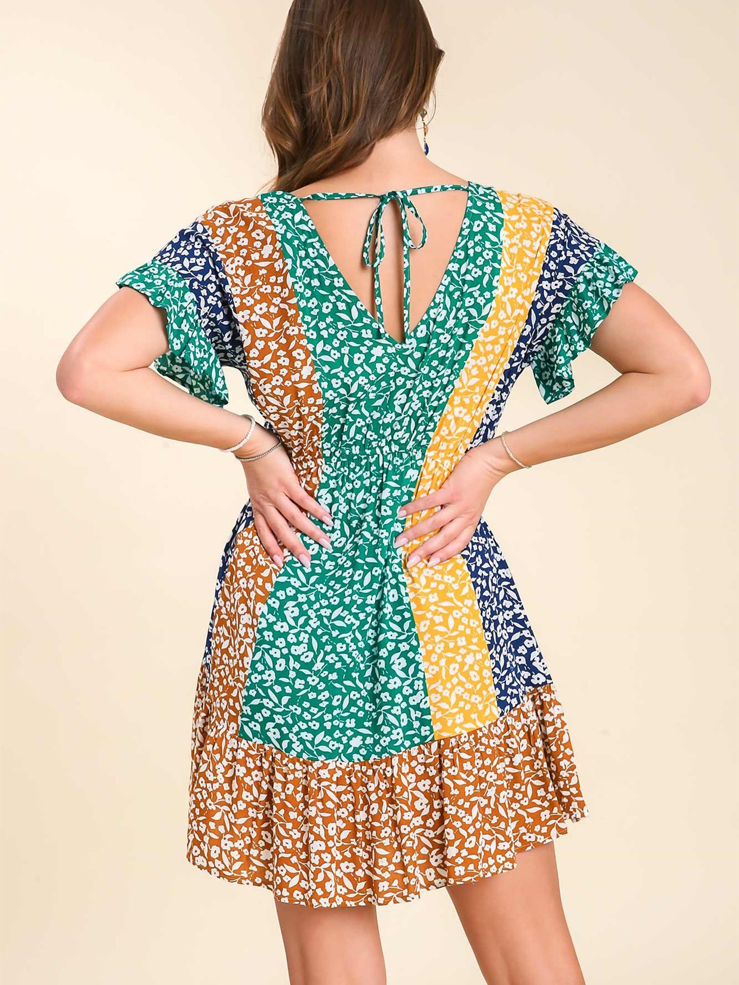 Mixed Floral Color Block Print Dress with Cinched Elastic Waist