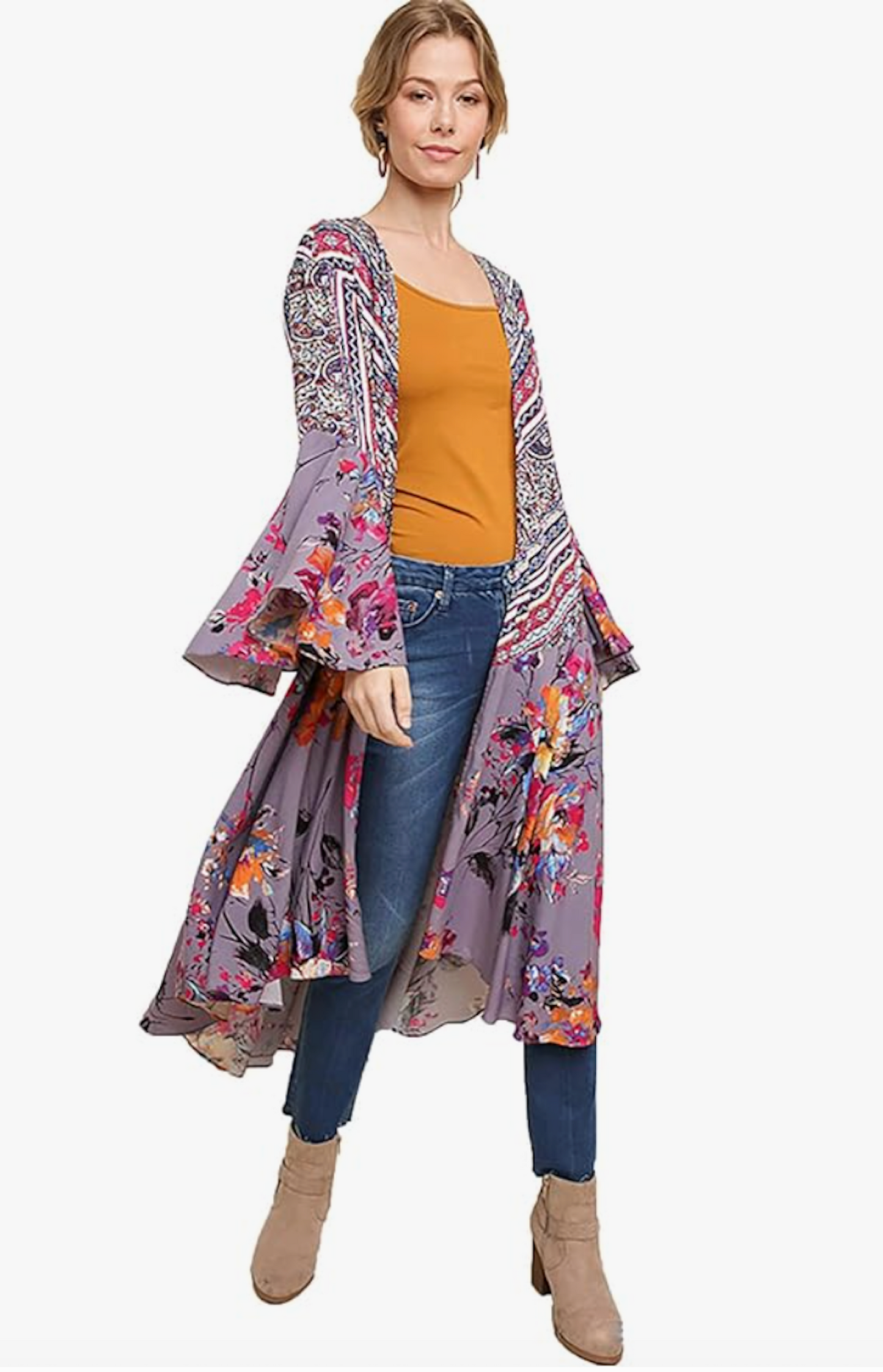 BohoChic Ruffled Long Body Grey Combo Kimono