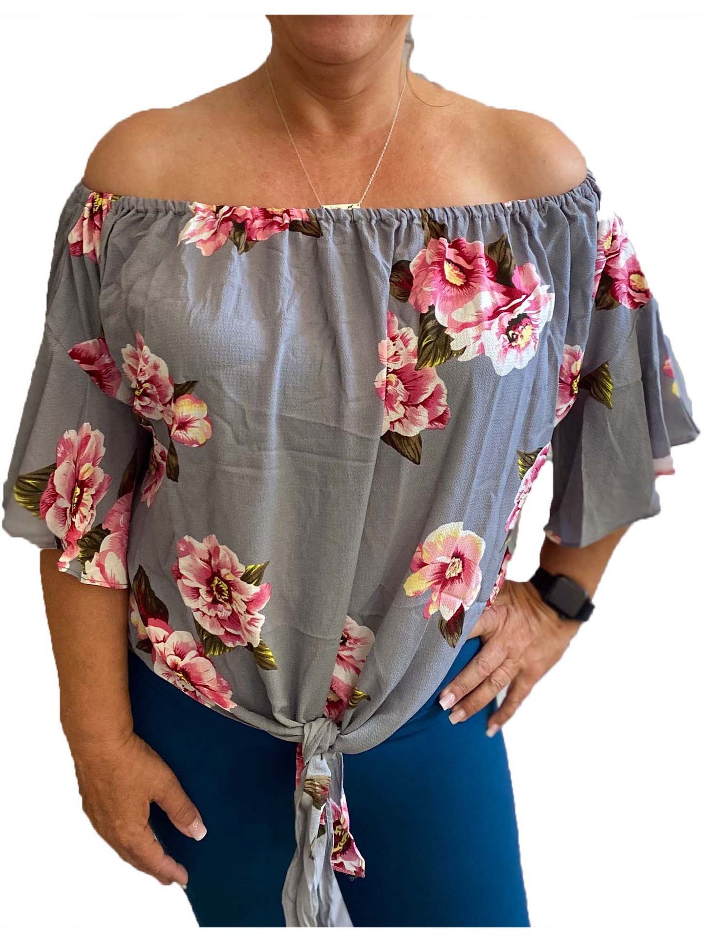 Large Floral Print Off Shoulder Tie Front Top
