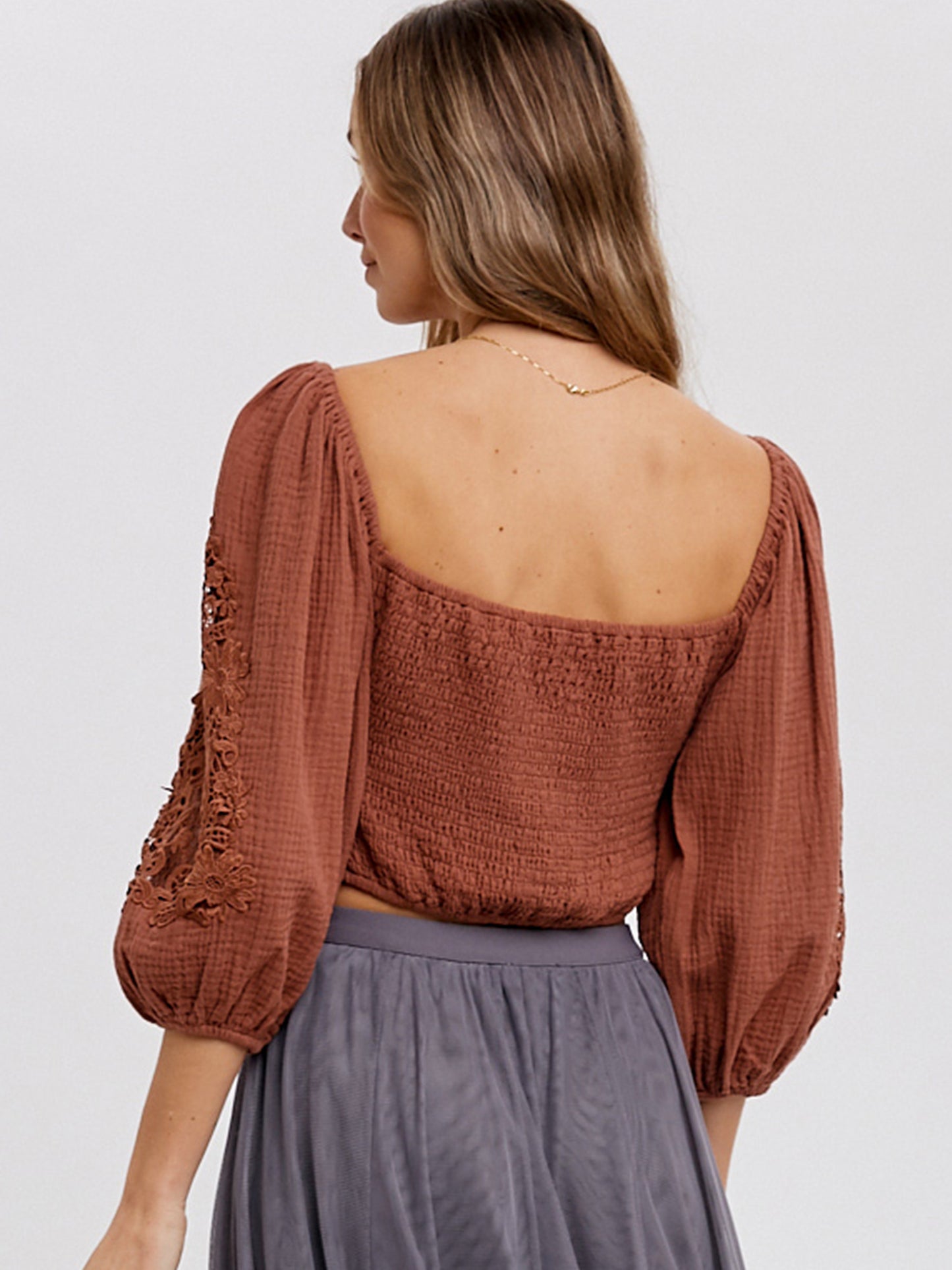Square Neck Bubble Lace Sleeve Crop Top