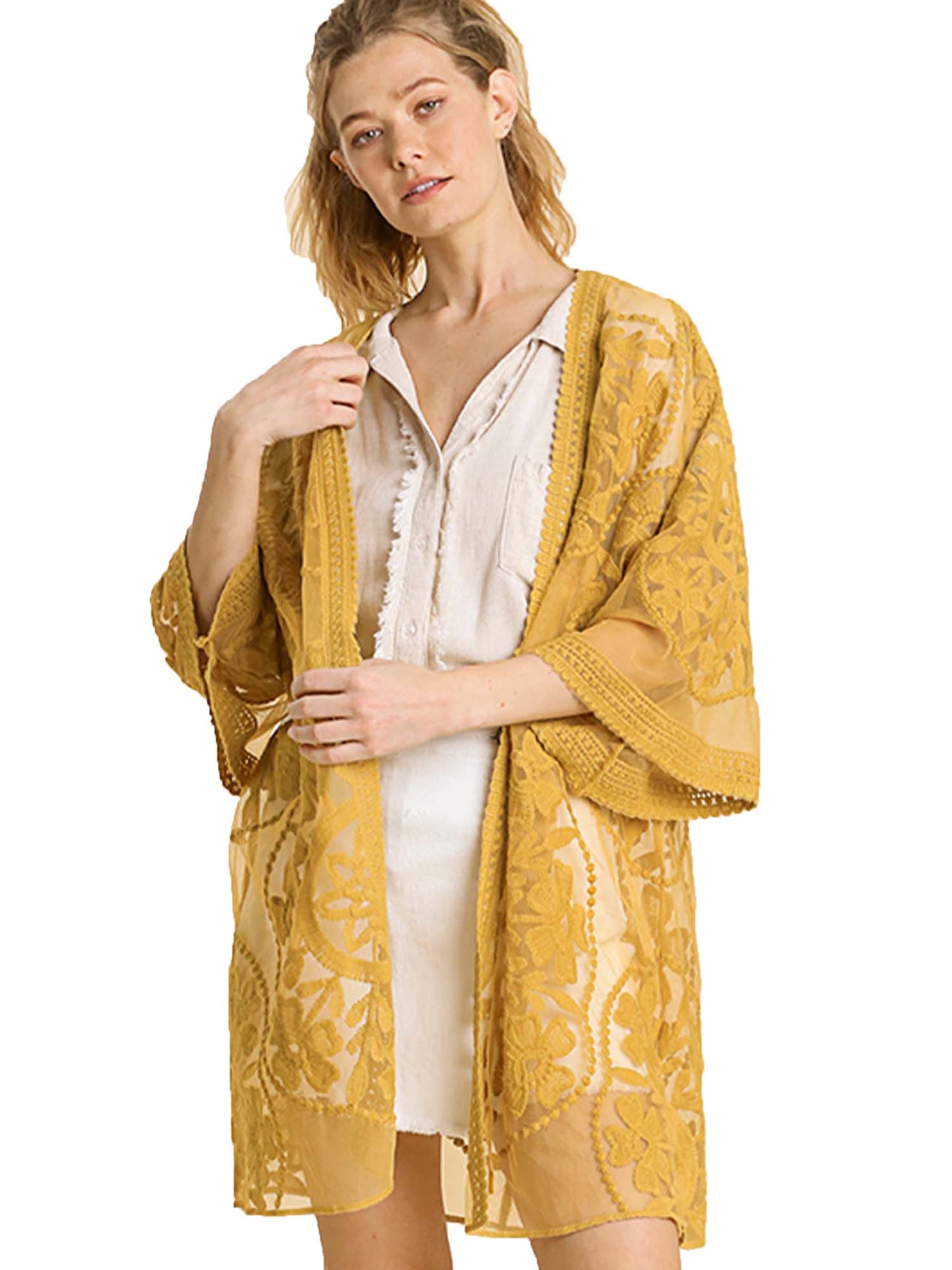 Lace Crochet Mesh Open Front Kimono with Waist Tie