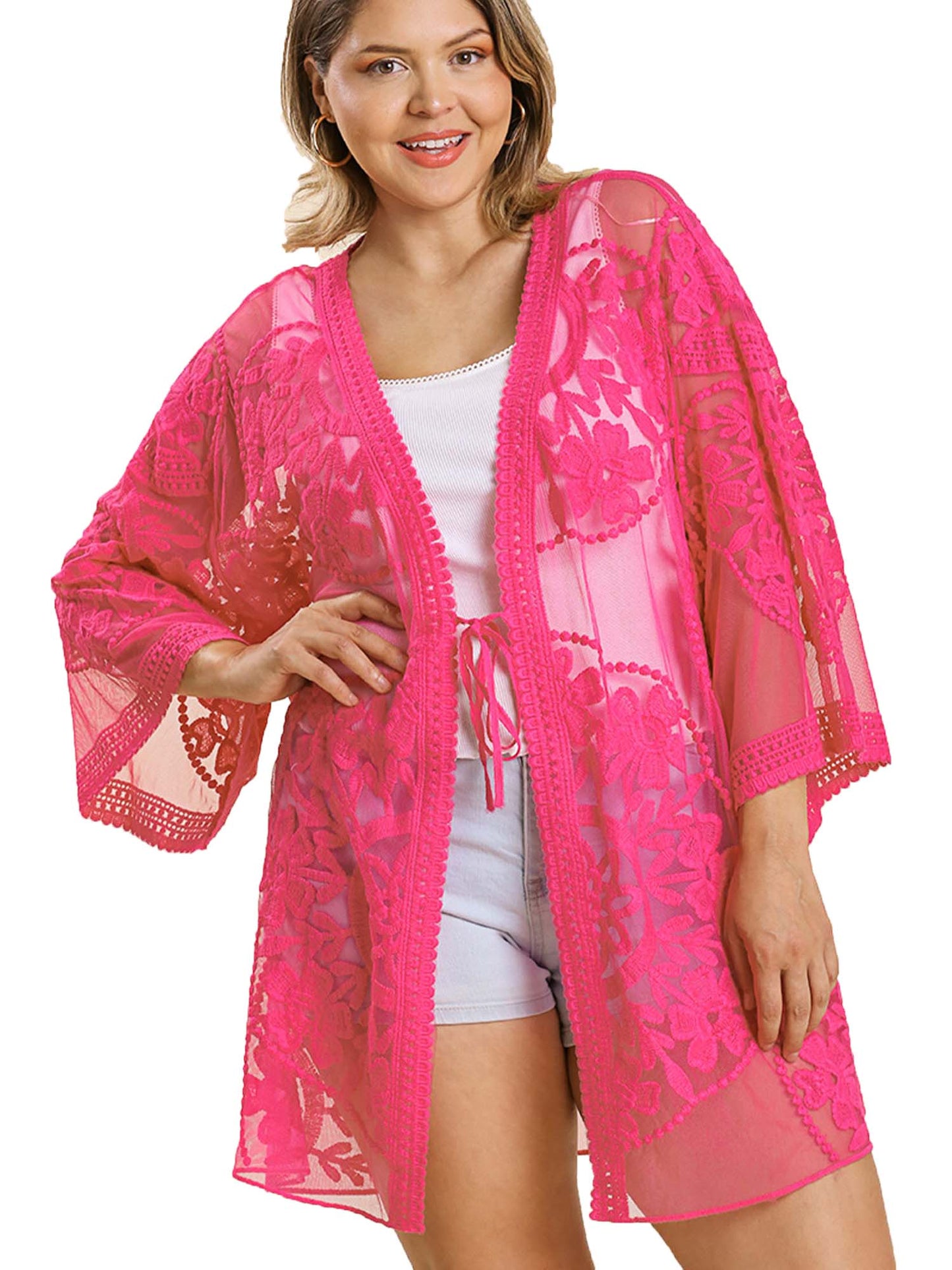 Lace Crochet Mesh Open Front Kimono with Waist Tie