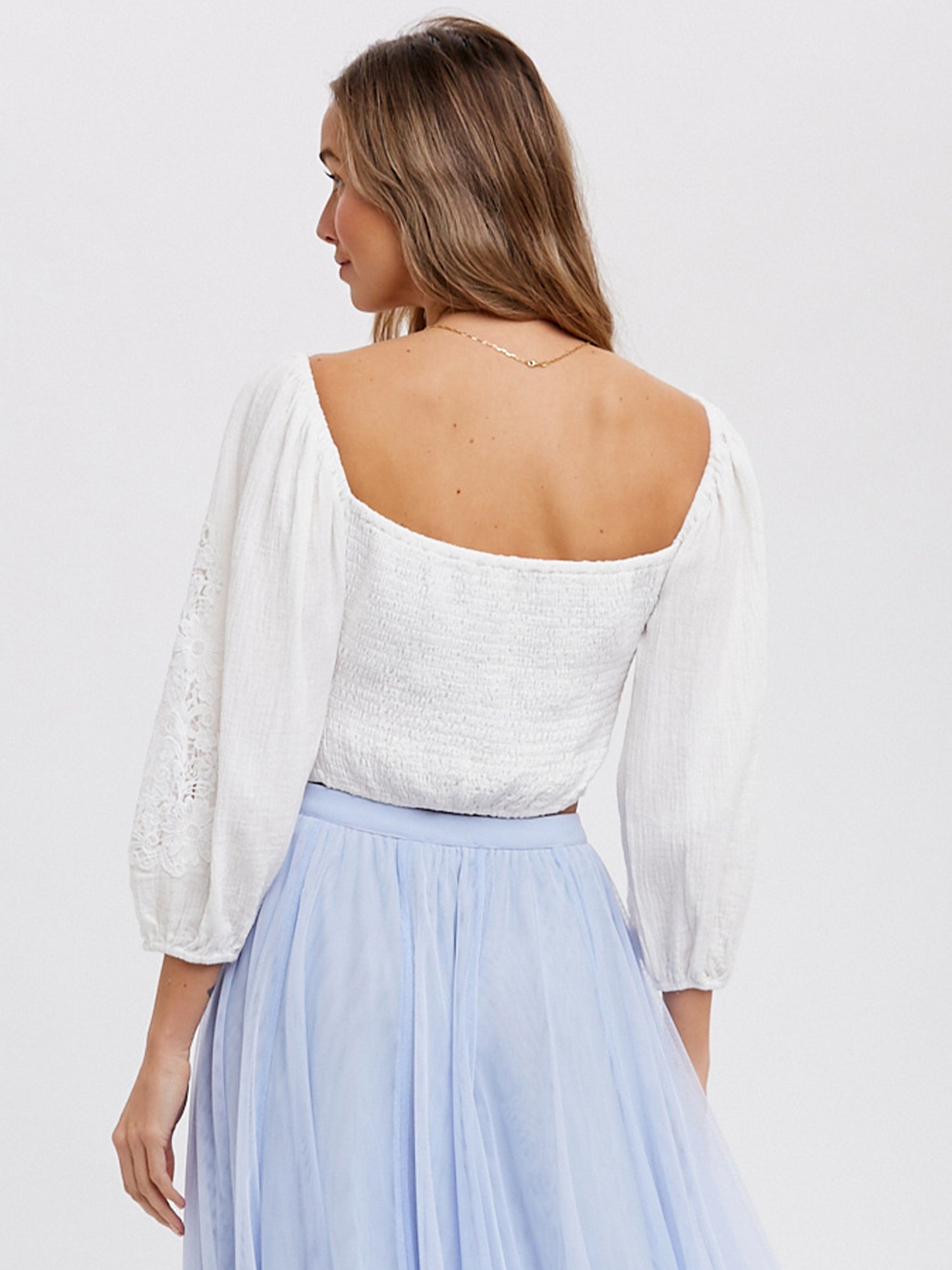 Square Neck Bubble Lace Sleeve Crop Top