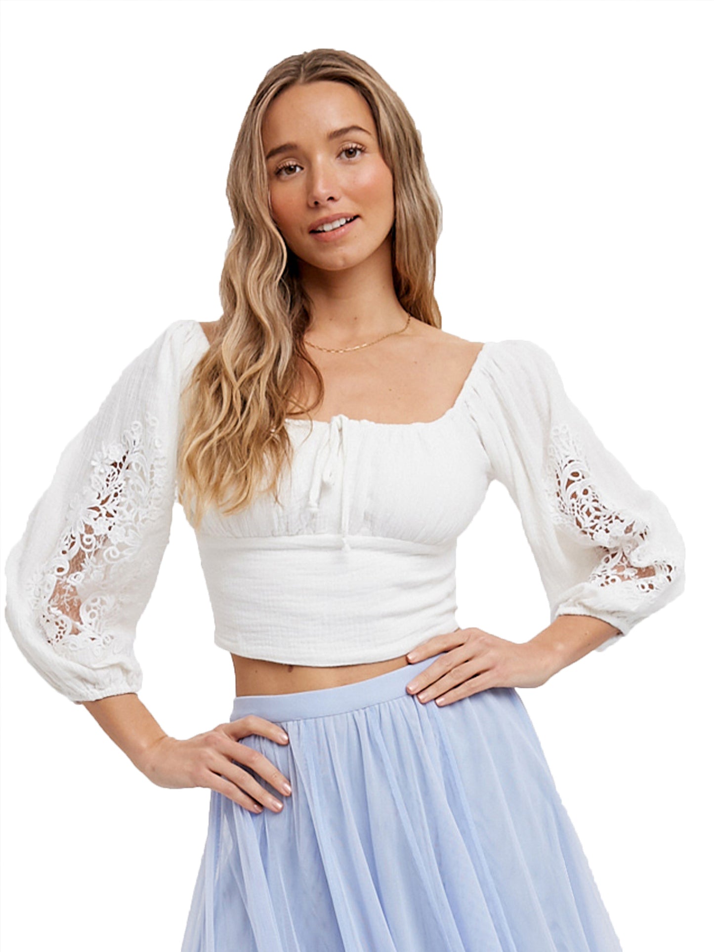 Square Neck Bubble Lace Sleeve Crop Top
