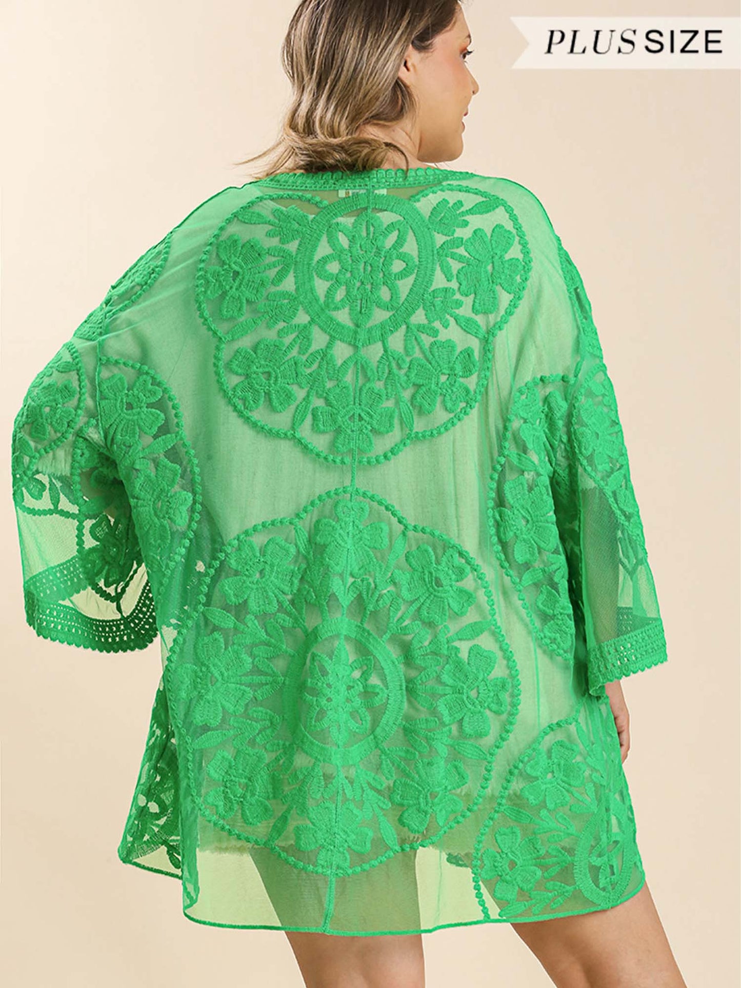 Lace Crochet Mesh Open Front Kimono with Waist Tie