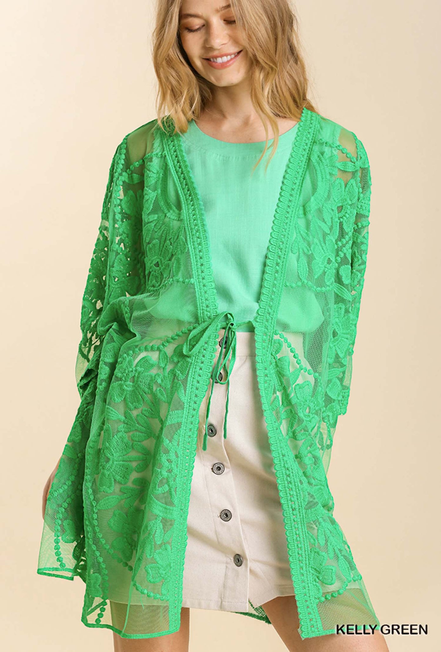 Lace Crochet Mesh Open Front Kimono with Waist Tie
