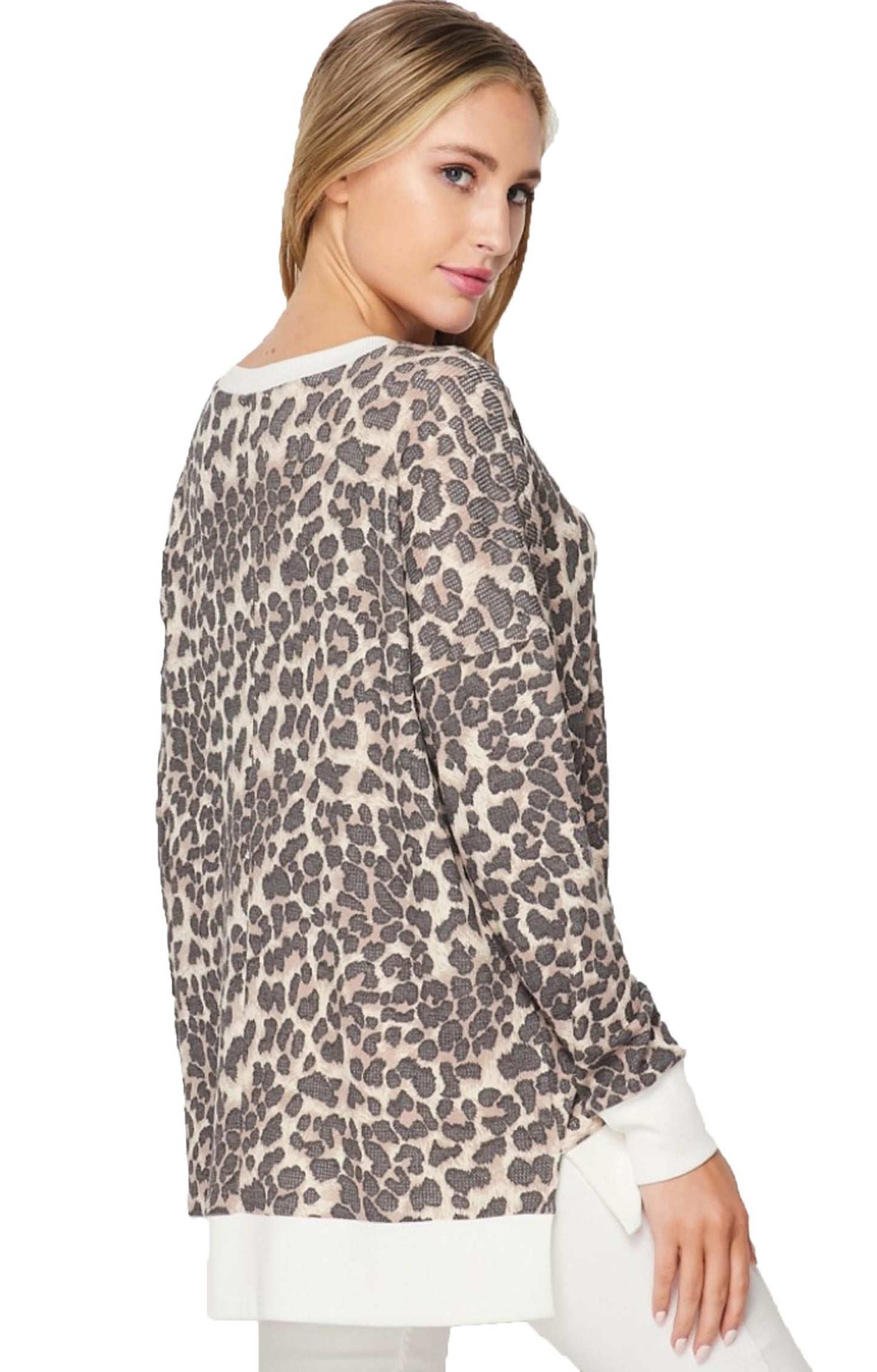 Leopard V-Neck Waffle Knit top