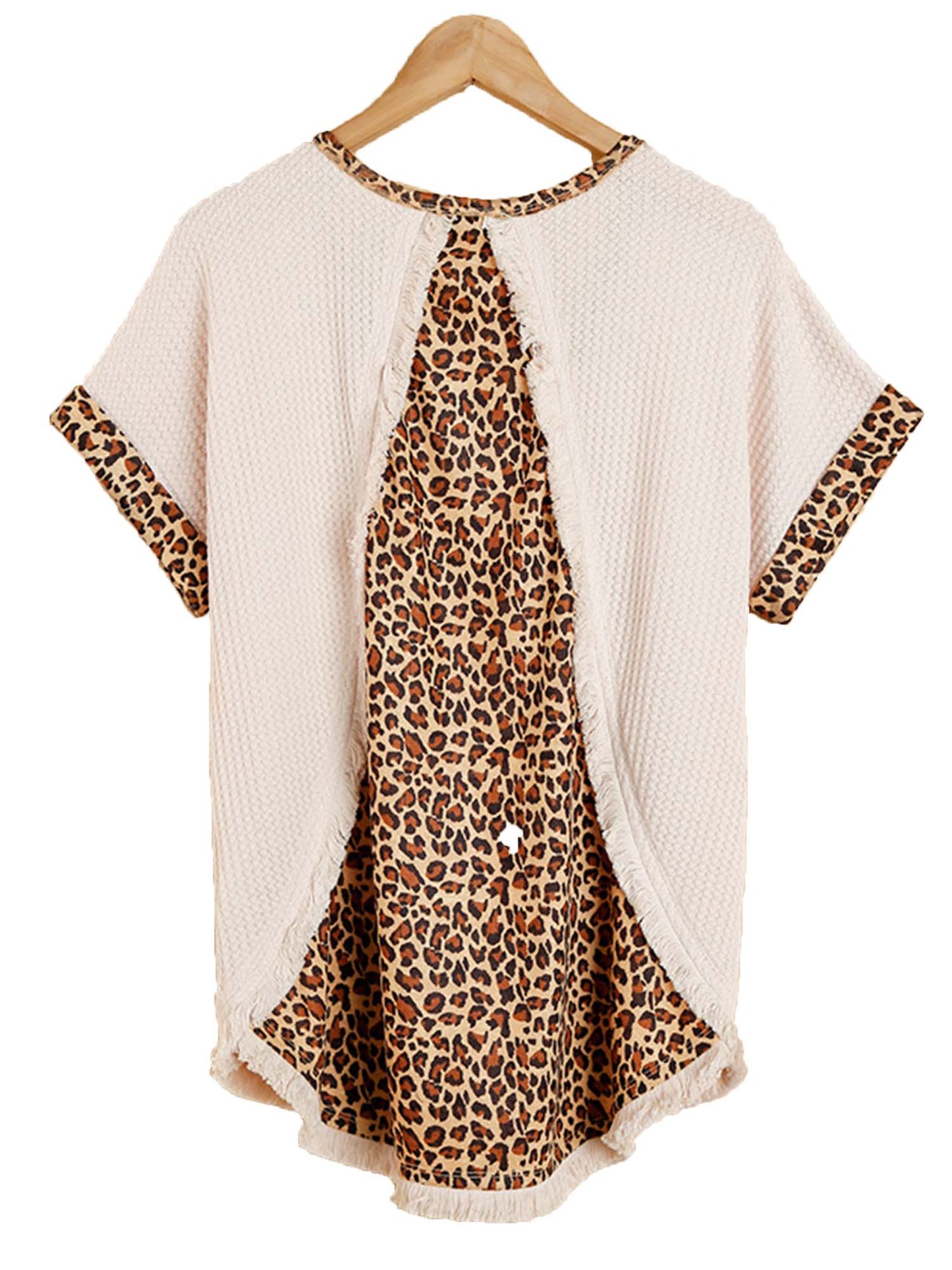 Waffle Knit cap sleeve top with Leopard and Frayed Hem
