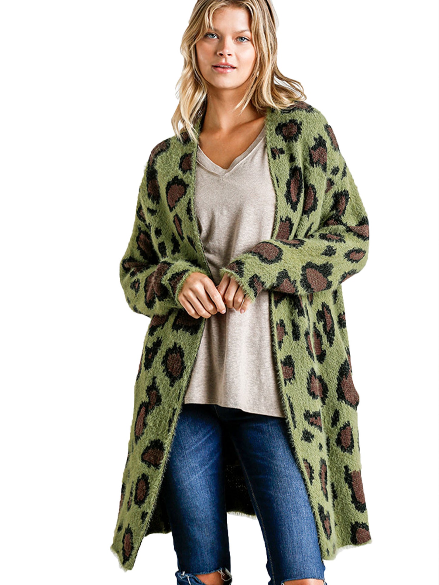 Fuzzy Animal Print Open Front Cardigan Sweater