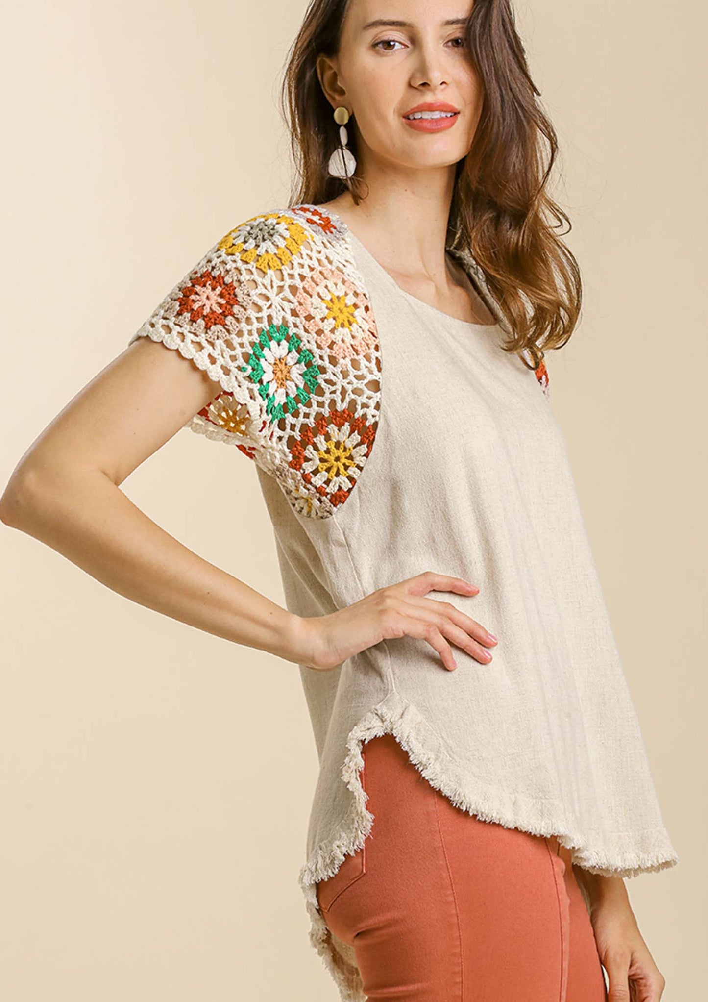 Linen Blend Colorful floral Crochet Detailed Short Sleeve Top