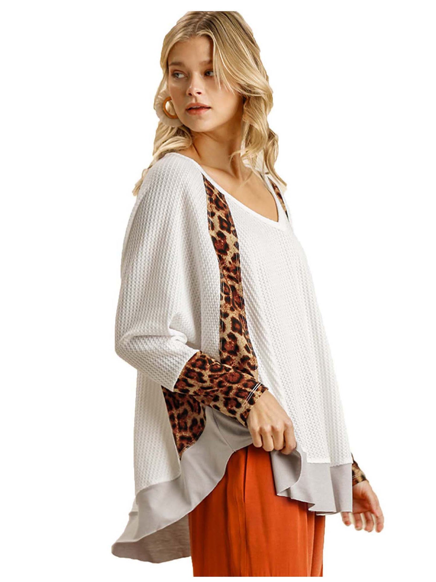 Leopard Print Color Block Waffle Knit top