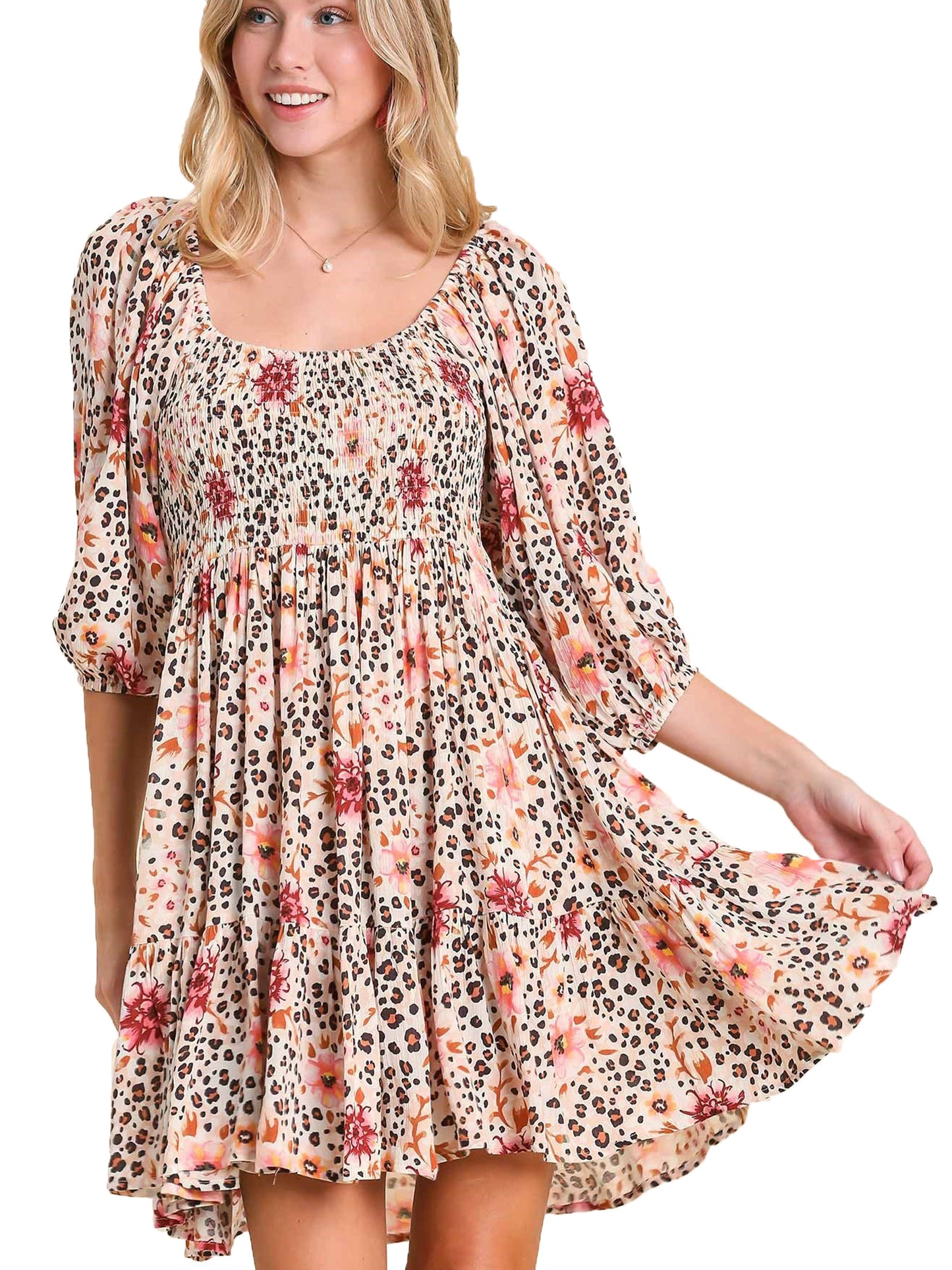 Floral Animal Print Smocked Dress with Puff Sleeves