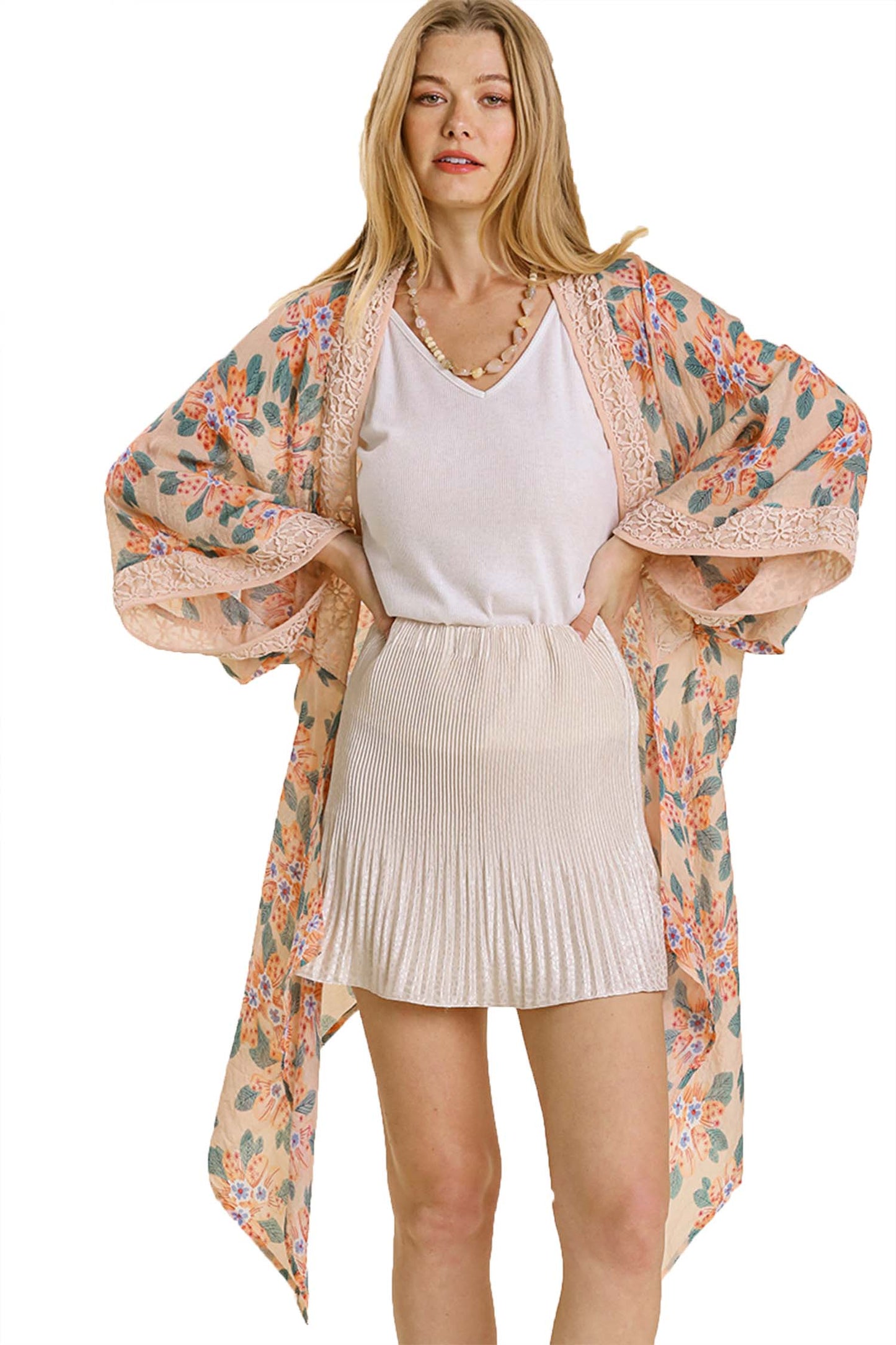 Sheer Floral Print Open Front Kimono with Crochet Detail