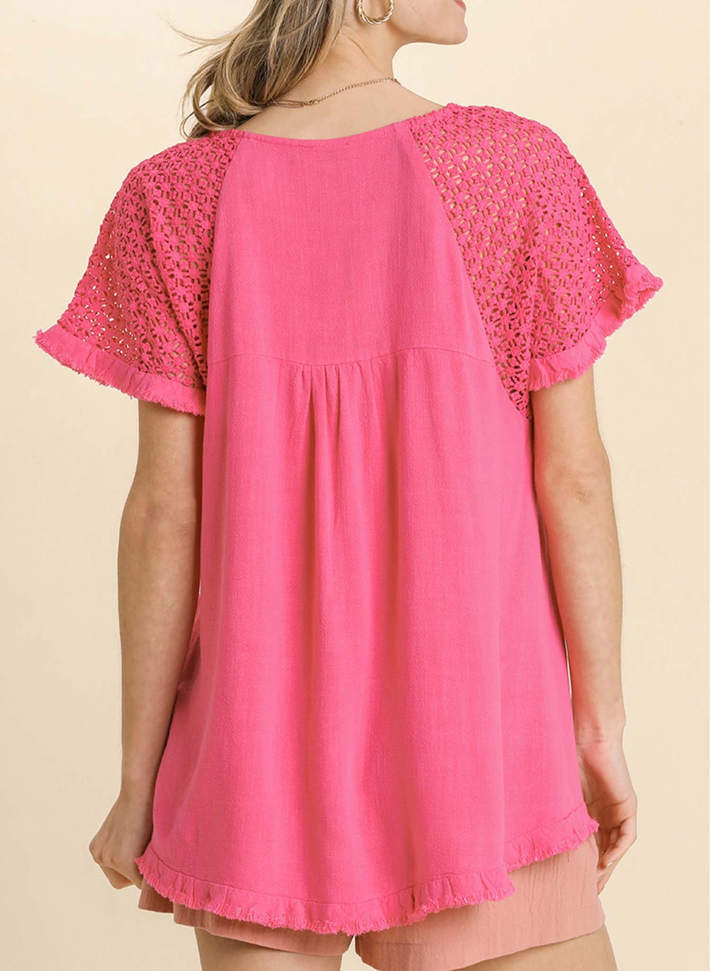 Linen Blend Crochet Detailed Short Sleeve Top with Fringed Hem