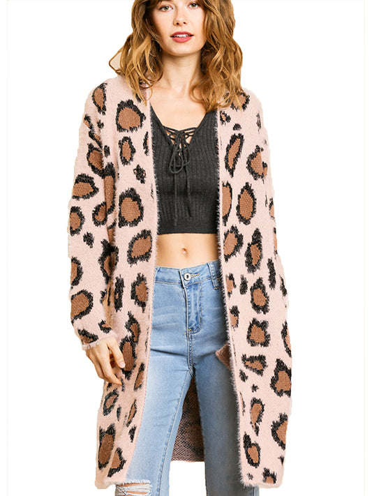 Fuzzy Animal Print Open Front Cardigan Sweater