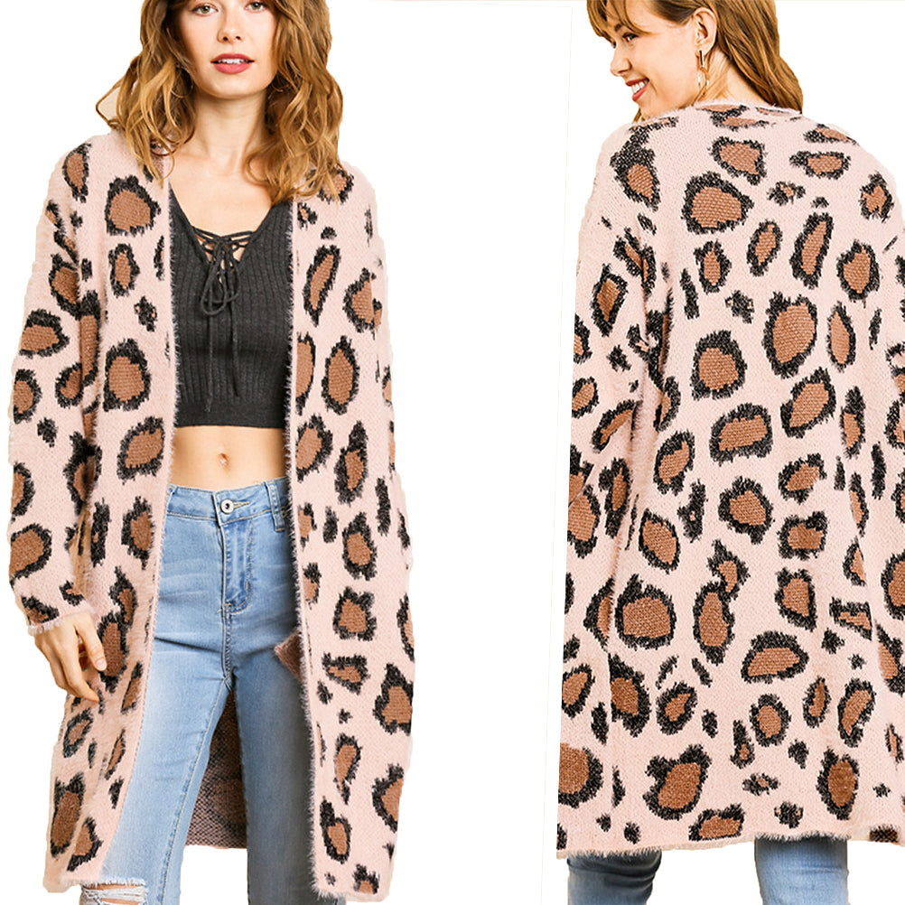 Fuzzy Animal Print Open Front Cardigan Sweater