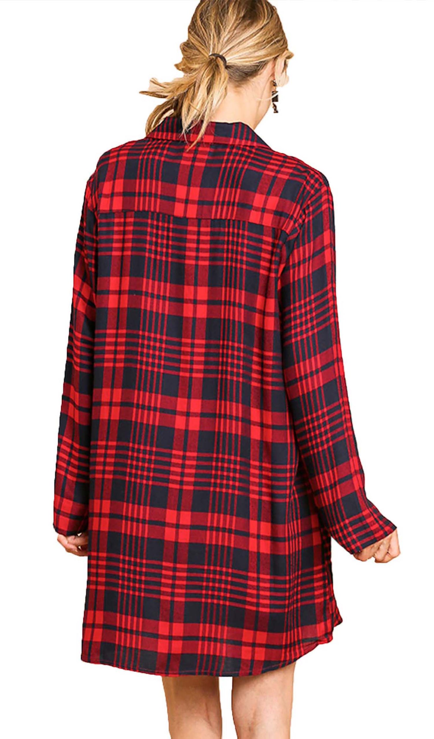 Flannel Plaid Print Long Sleeve Button Front Dress Tunic