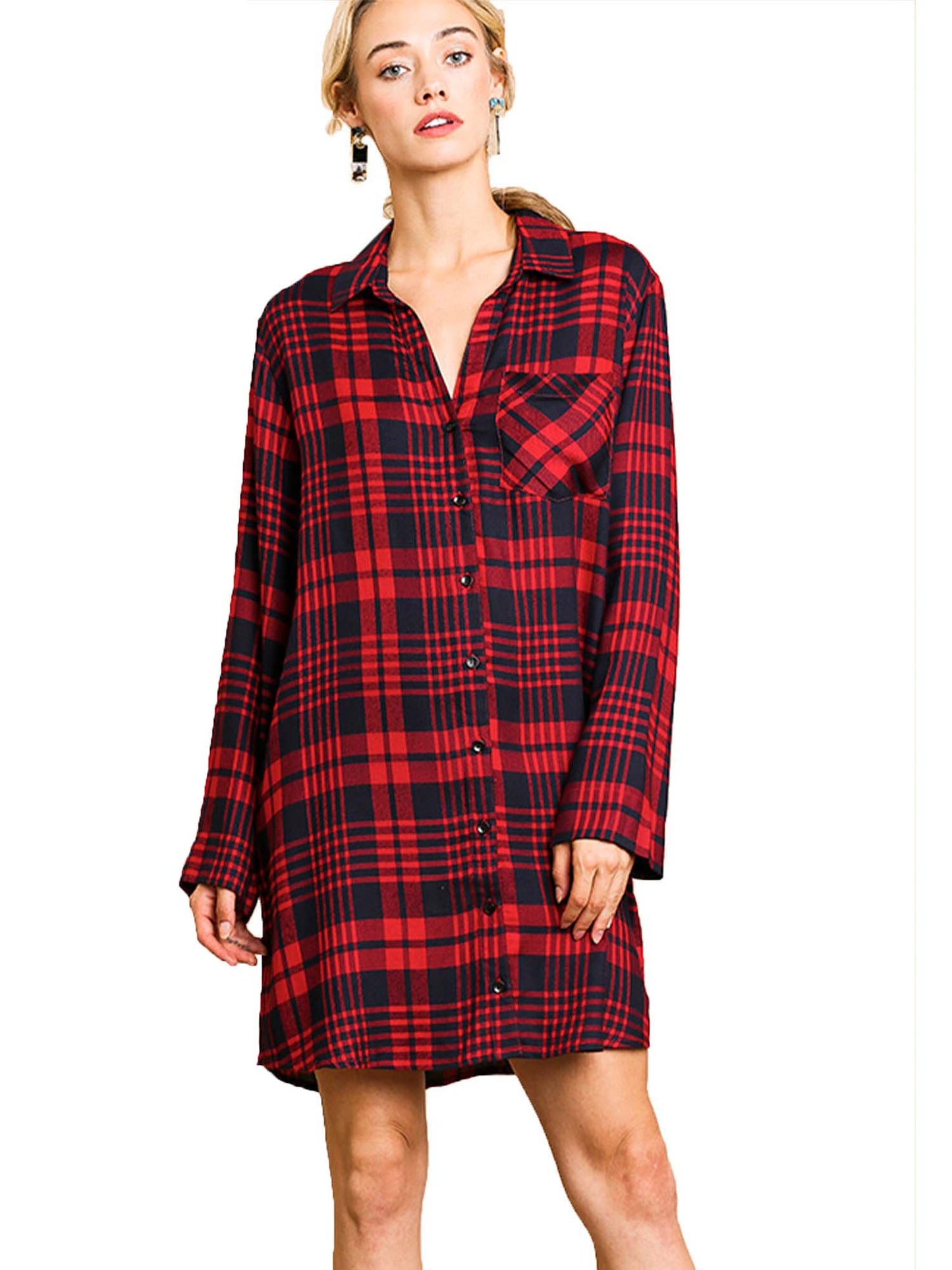 Flannel Plaid Print Long Sleeve Button Front Dress Tunic