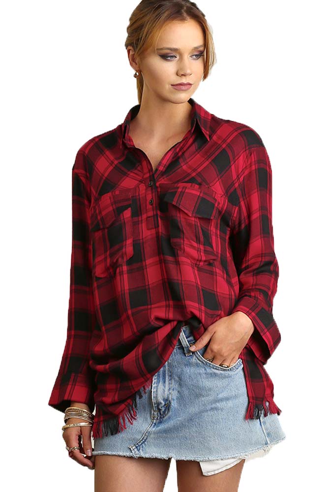 Flannel Three-Button Tunic Frayed Hem