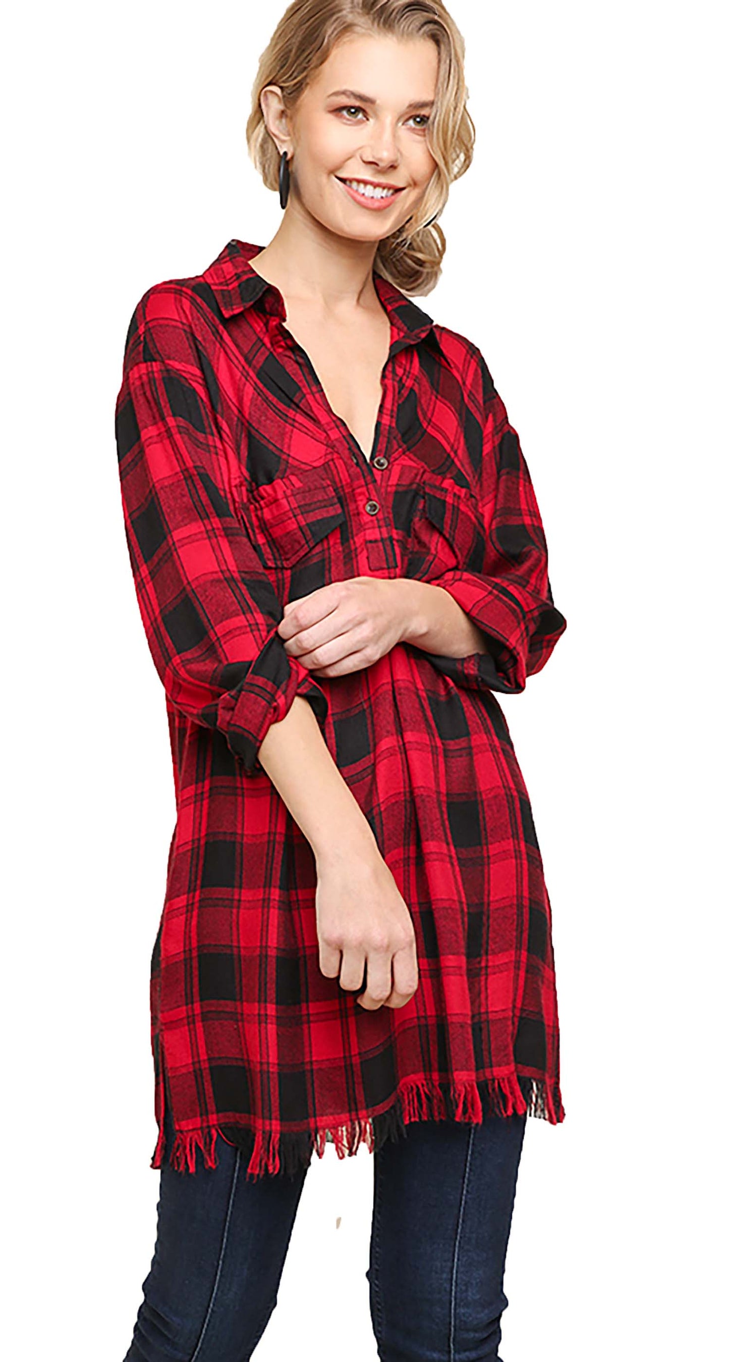 Flannel Three-Button Tunic Frayed Hem