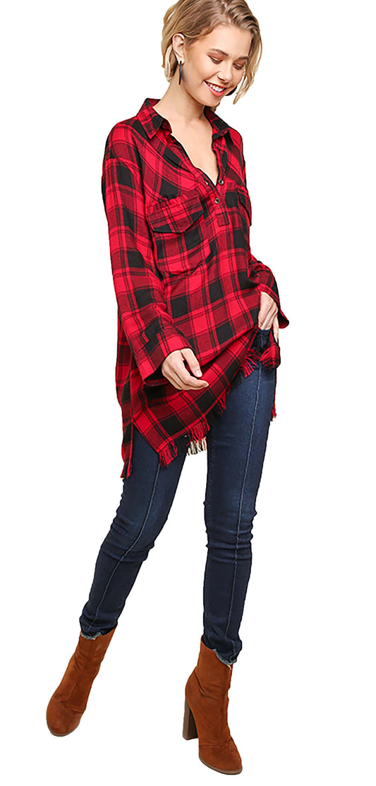 Flannel Three-Button Tunic Frayed Hem